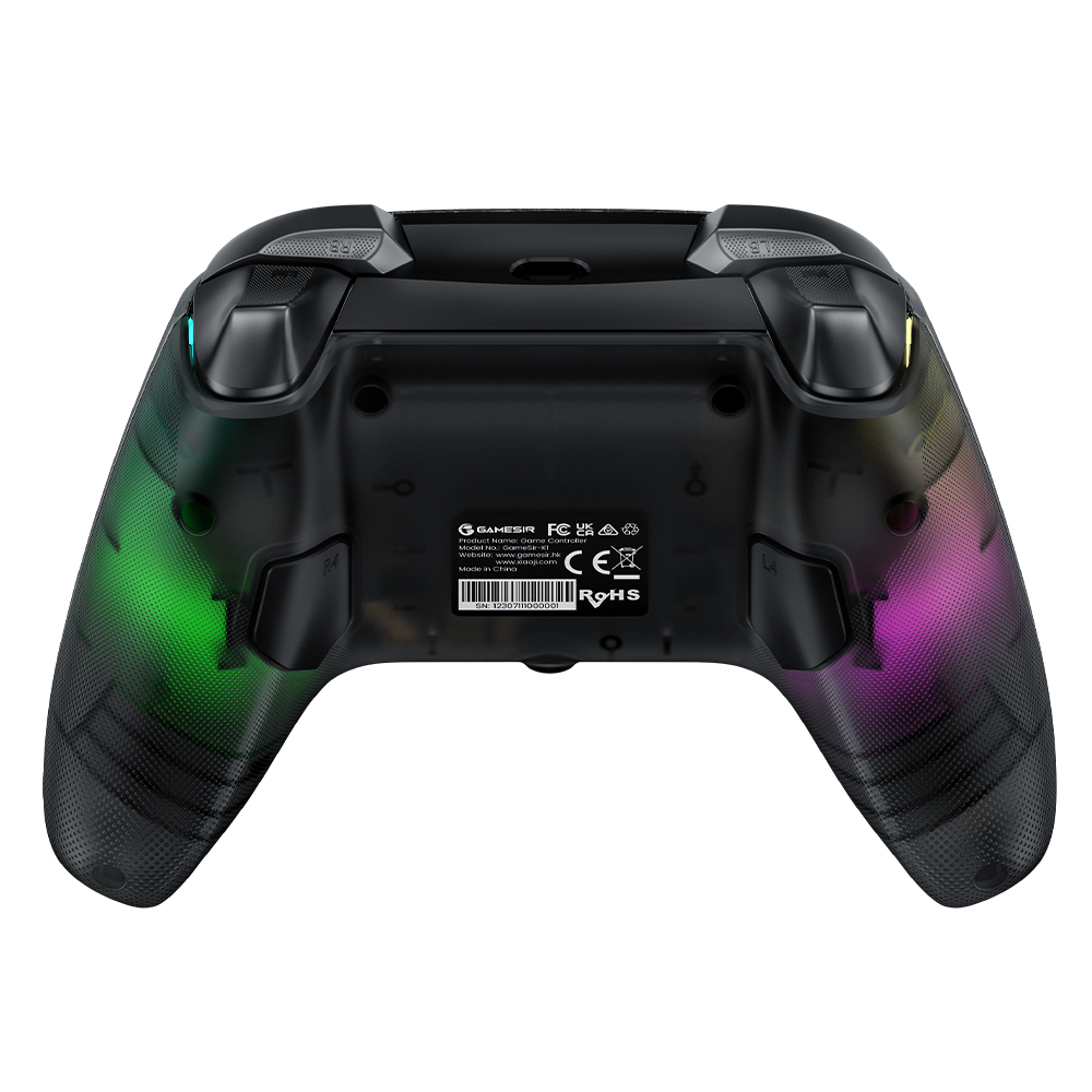 Schwarzer Gamecontroller-Rücken mit RGB-Beleuchtung, CE- und RoHs-Siegel.
