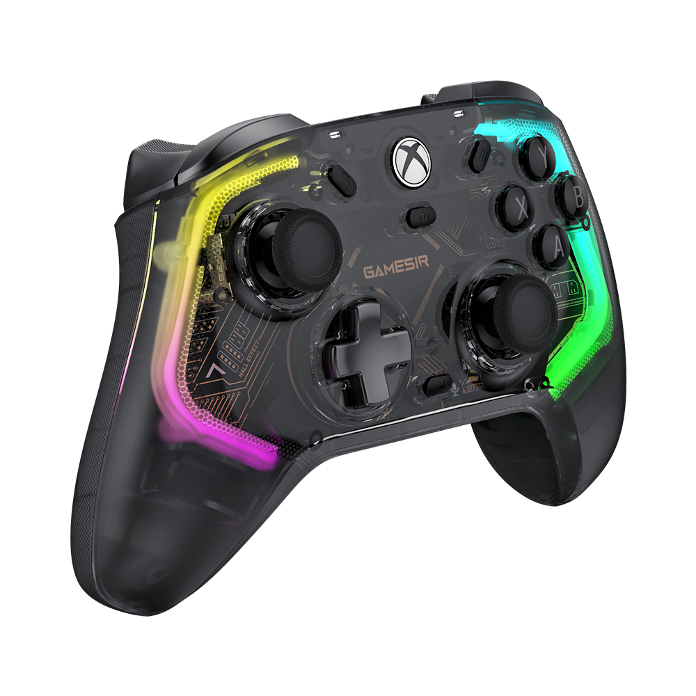 Transparenter Controller mit bunten Lichtern und schwarzen Knöpfen.