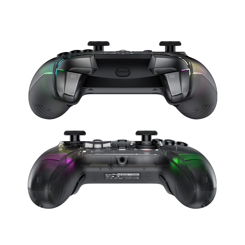 Zwei transparente schwarze Controller mit bunten Lichtern und schwarzen Knöpfen.
