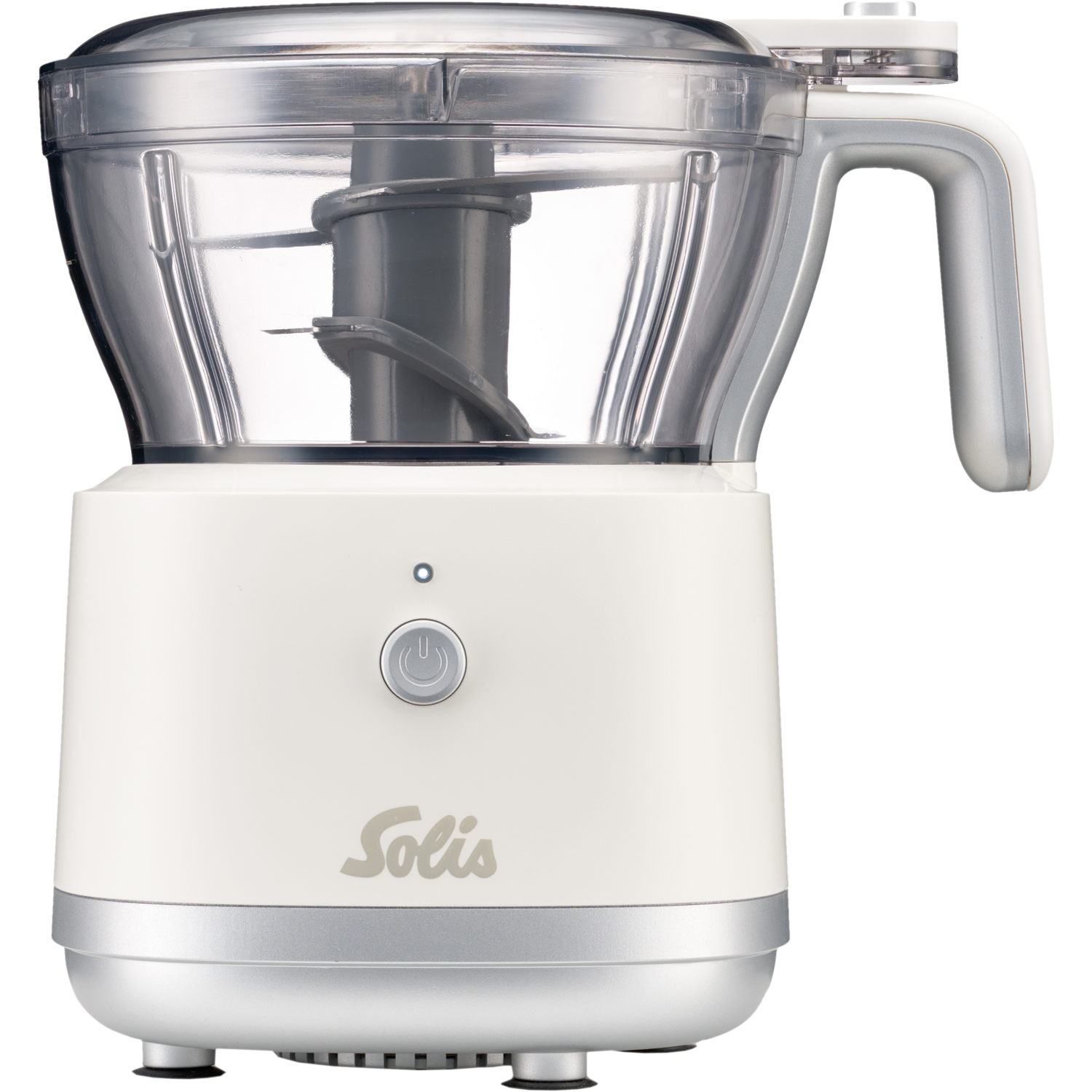 Een witte Solis keukenmachine met doorzichtige kom en zilveren voet.