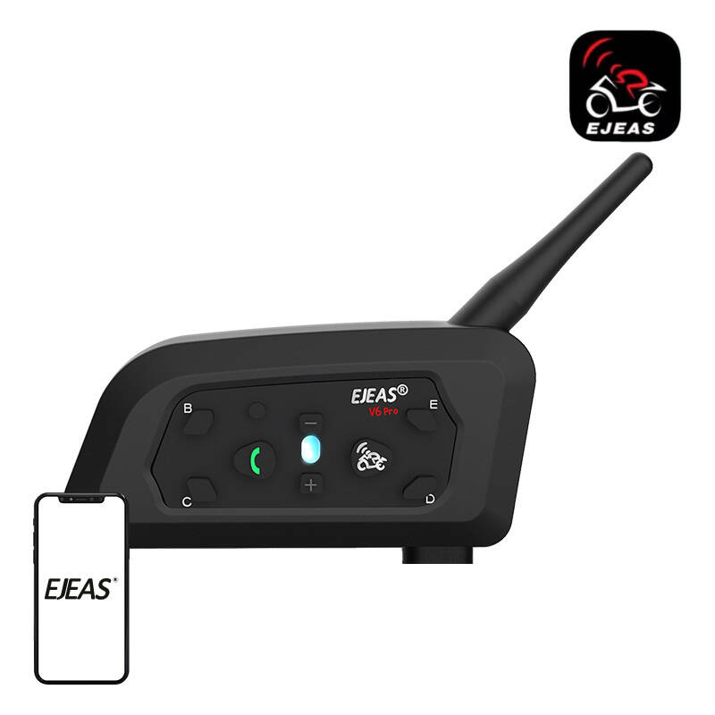 Egy fekete EJEAS V6 Pro motoros Bluetooth headset okostelefonnal és logóval.