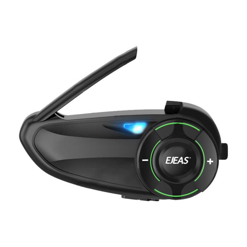 Fekete EJEAS sisak Bluetooth hangszóró mikrofonnal és kék LED-del.