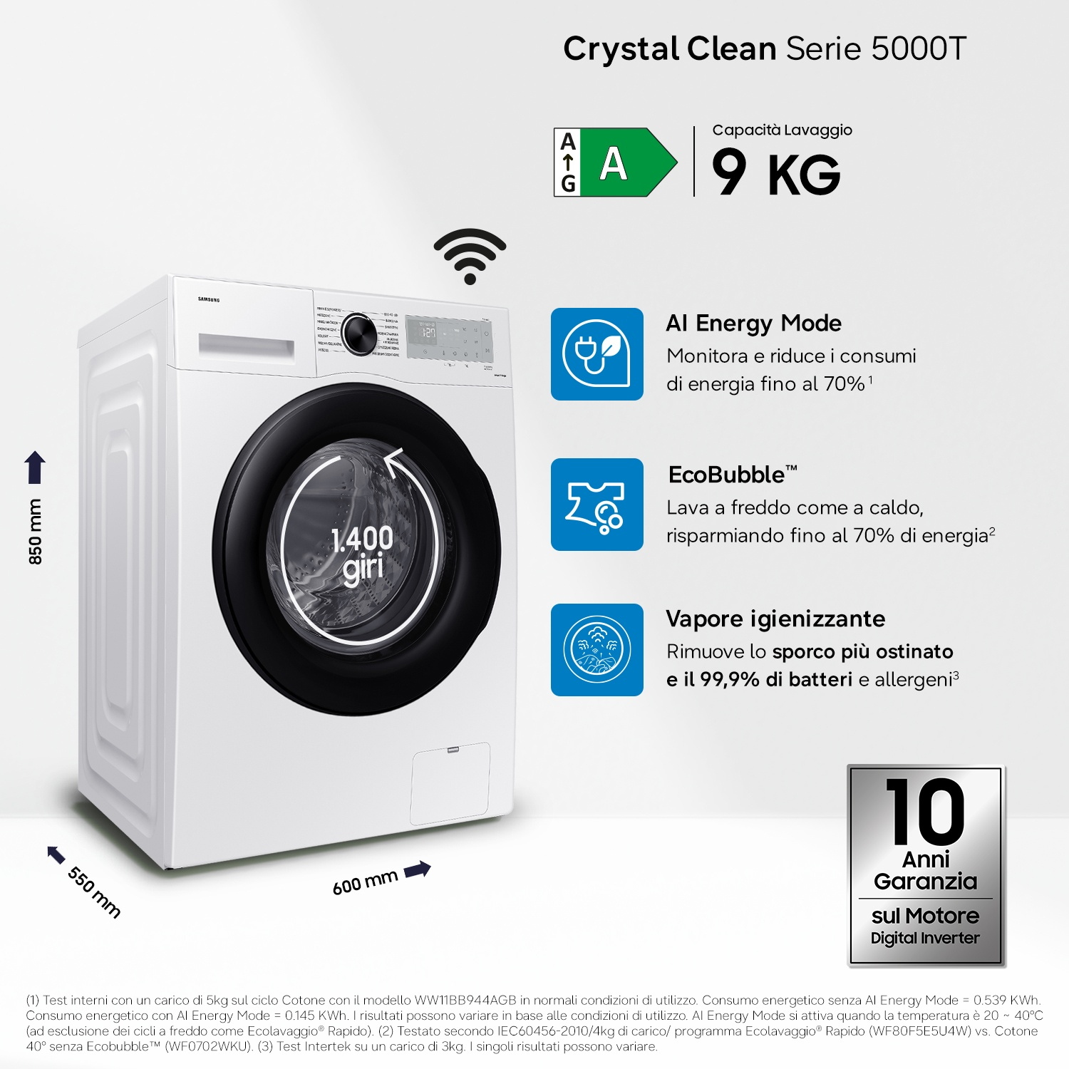 Lavatrice bianca Crystal Clean Serie 5000T, capacità 9kg, classe energetica A.
