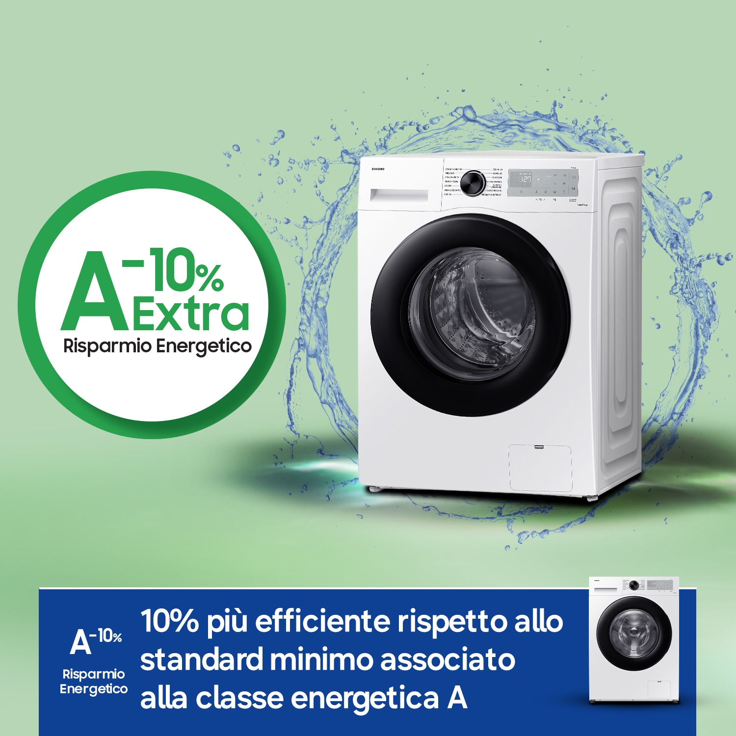 Una lavatrice bianca con un simbolo di efficienza energetica e testo.