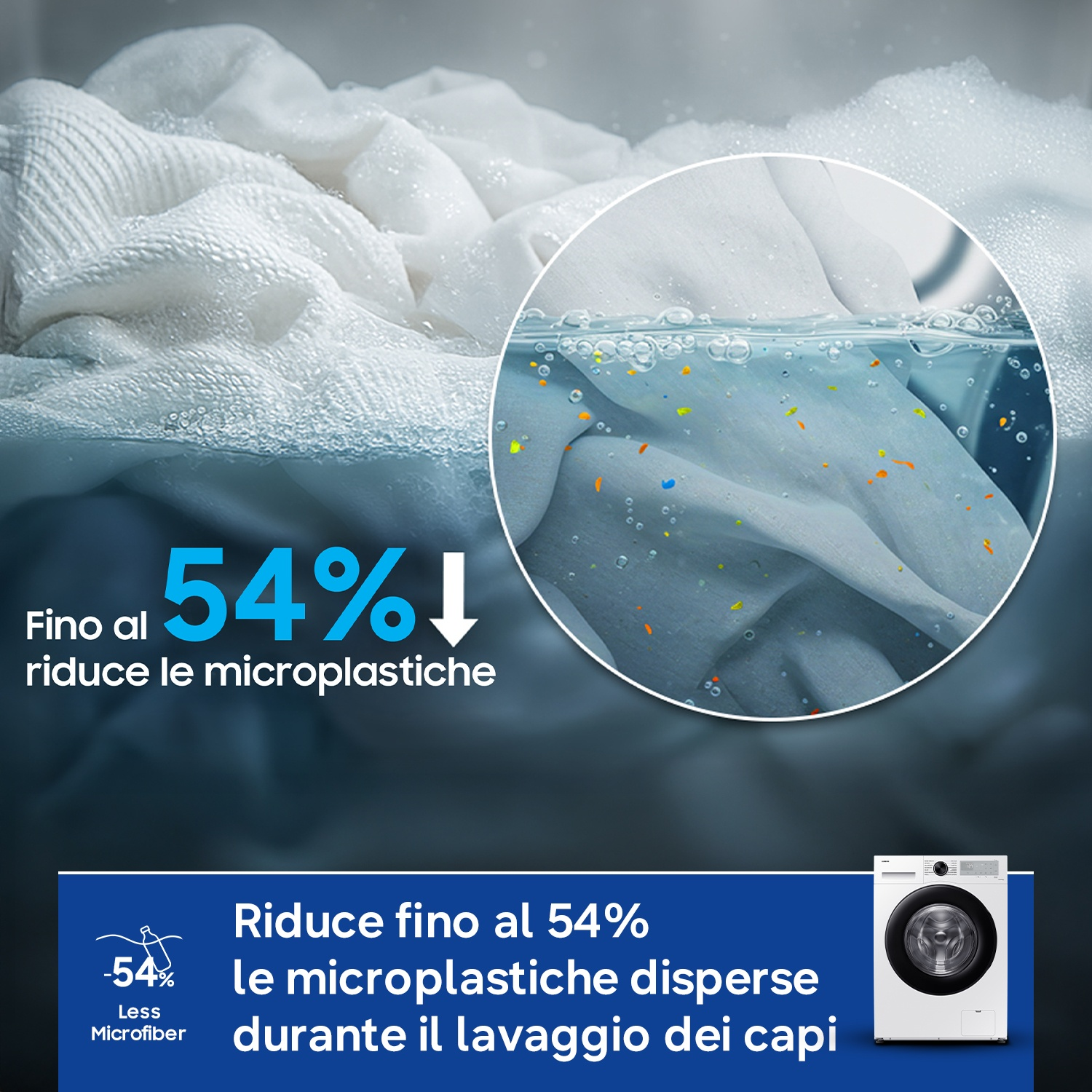 Biancheria bianca in lavatrice con particelle di microplastica.