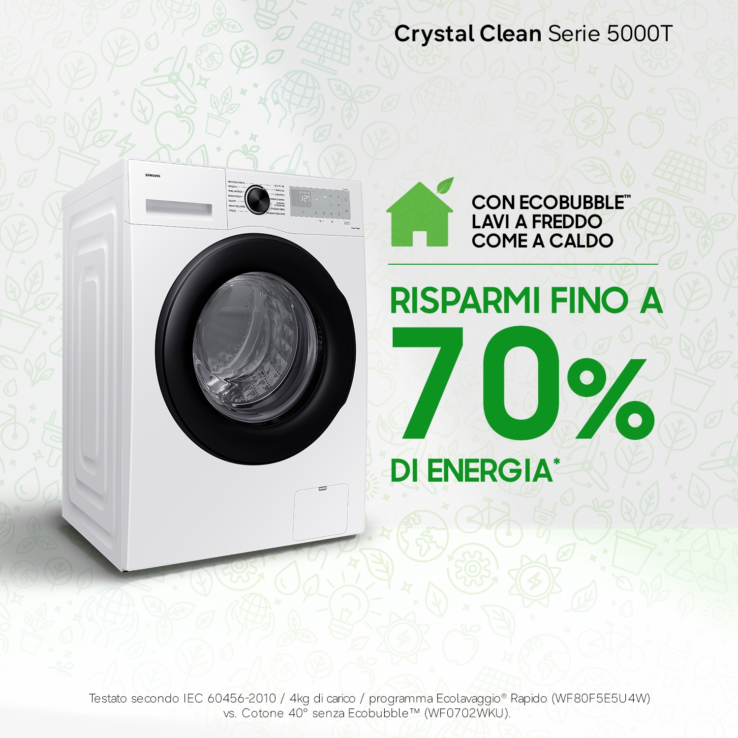 Lavatrice Samsung bianca con tecnologia EcoBubble, che fa risparmiare energia.