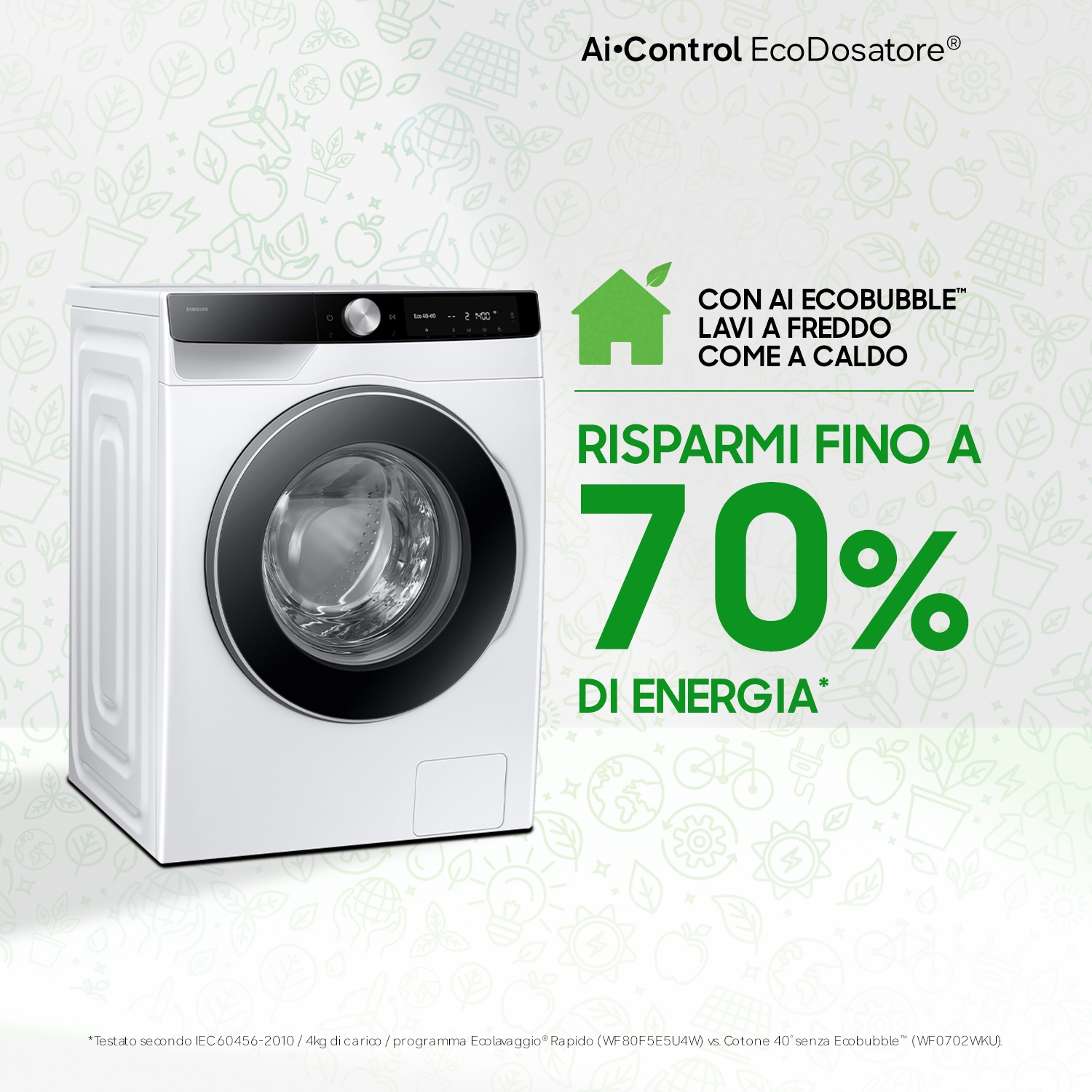 Lavatrice bianca con display e oblò, evidenzia un risparmio energetico del 70%.
