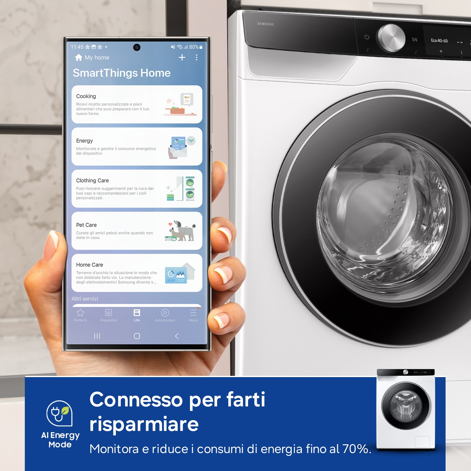 Uno smartphone mostra l'app SmartThings con opzioni per cucina, energia, abbigliamento e cura degli animali.