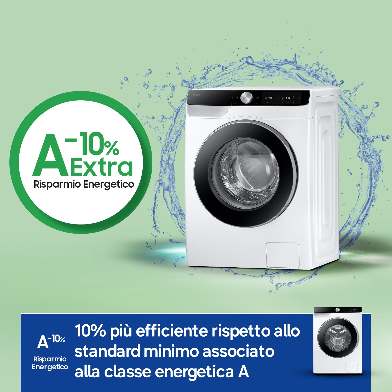 Lavatrice bianca con schizzo d'acqua blu e logo risparmio energetico.