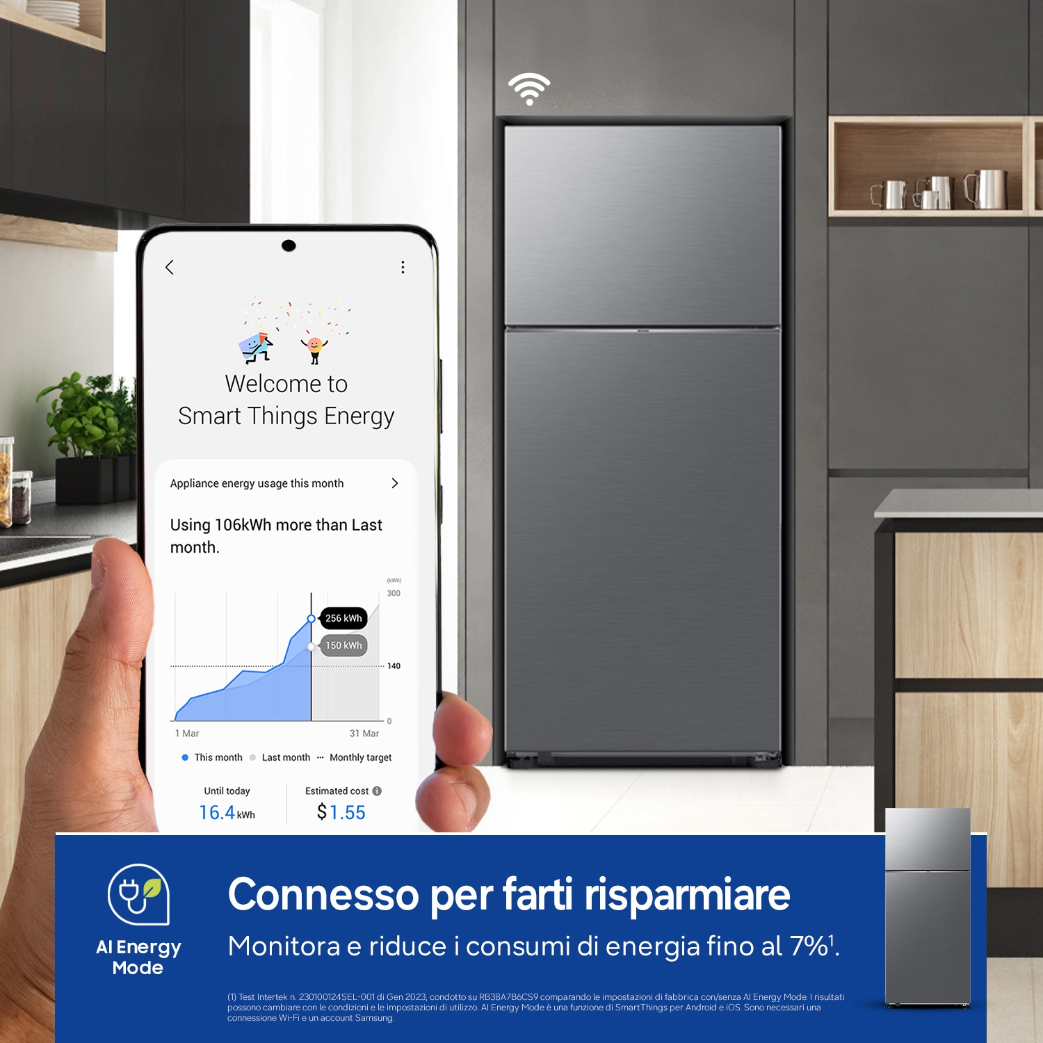 Uno smartphone mostra l'app Smart Things Energy con statistiche del frigorifero.