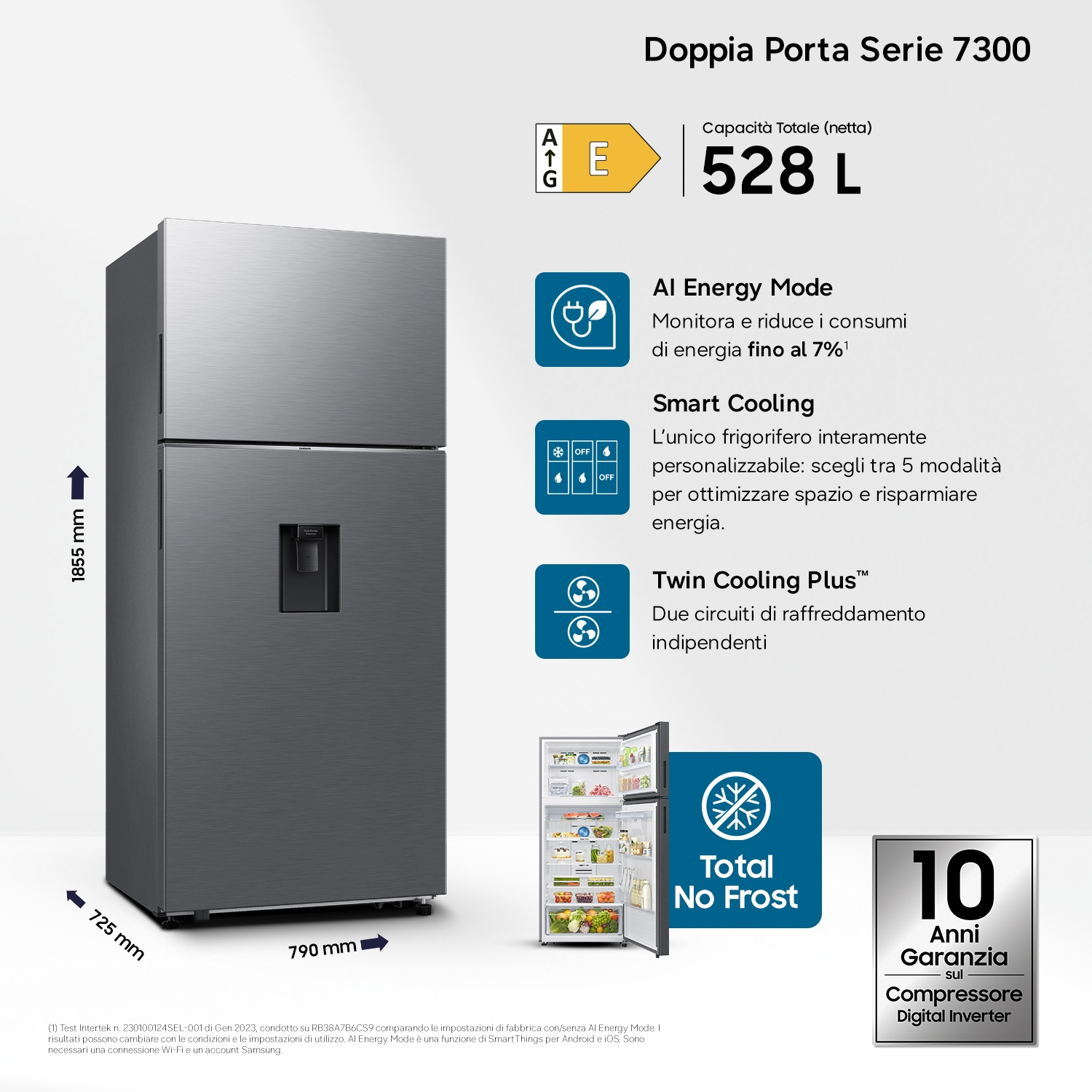 Un moderno frigorifero grigio a doppia porta, capacità 528 L, AI Energy Mode e Total No Frost.