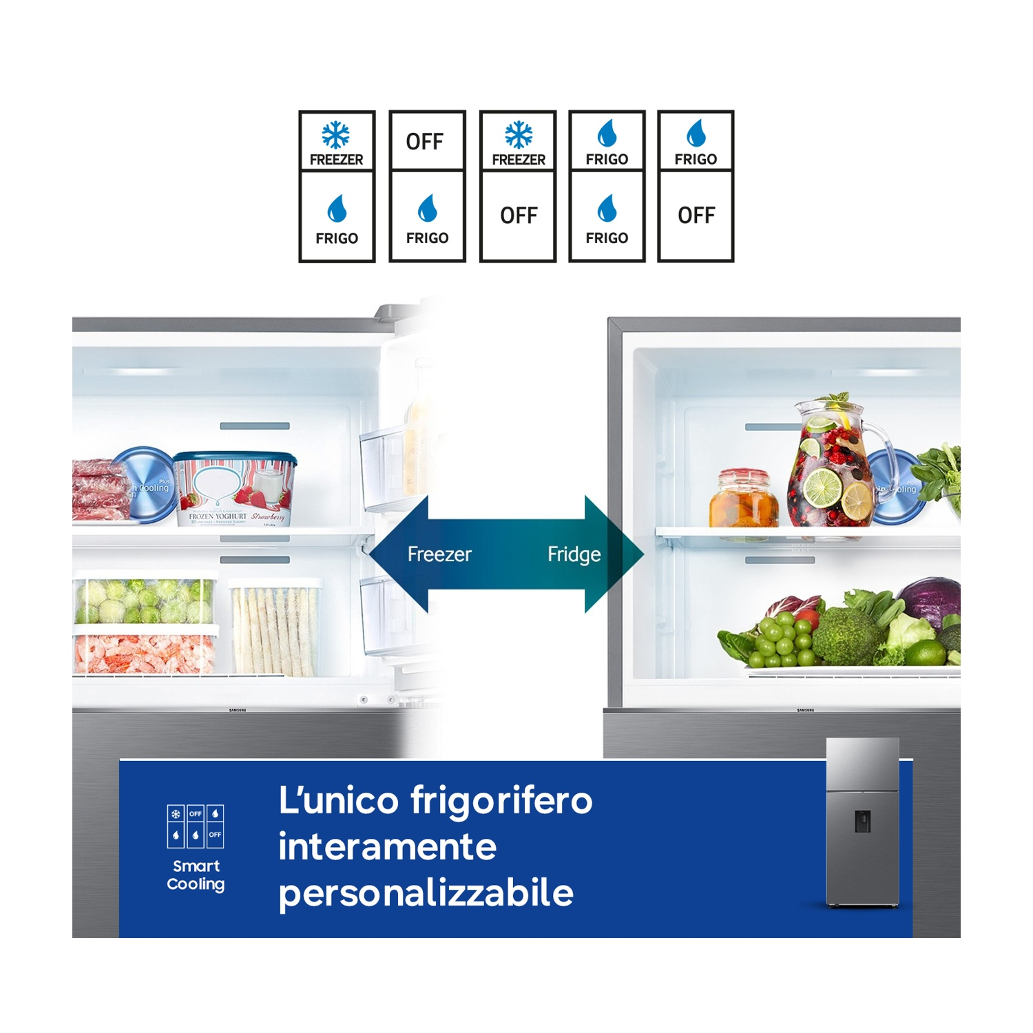 Un frigorifero con sezioni congelatore e frigorifero, pieno di cibo.