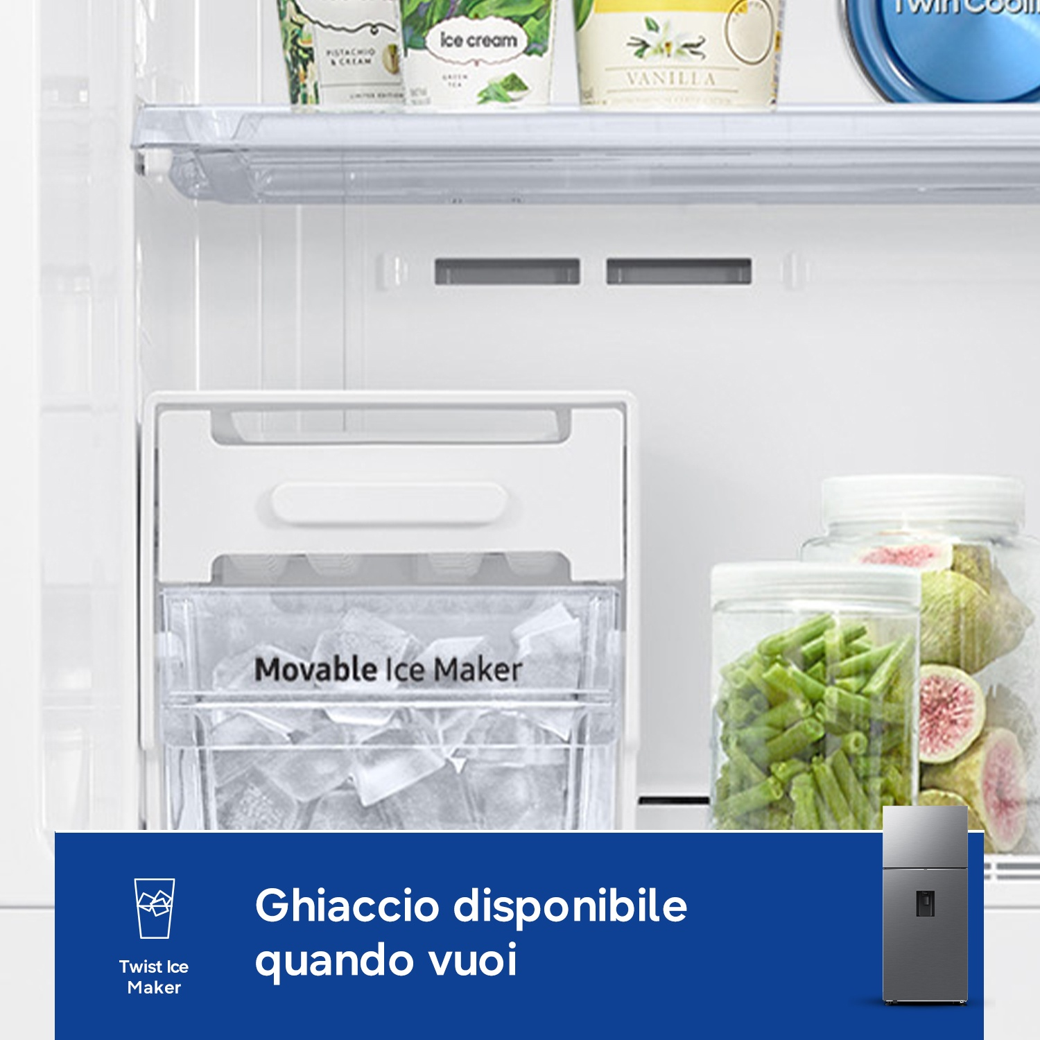 Macchina per il ghiaccio piena accanto a barattoli con fagiolini e fichi.