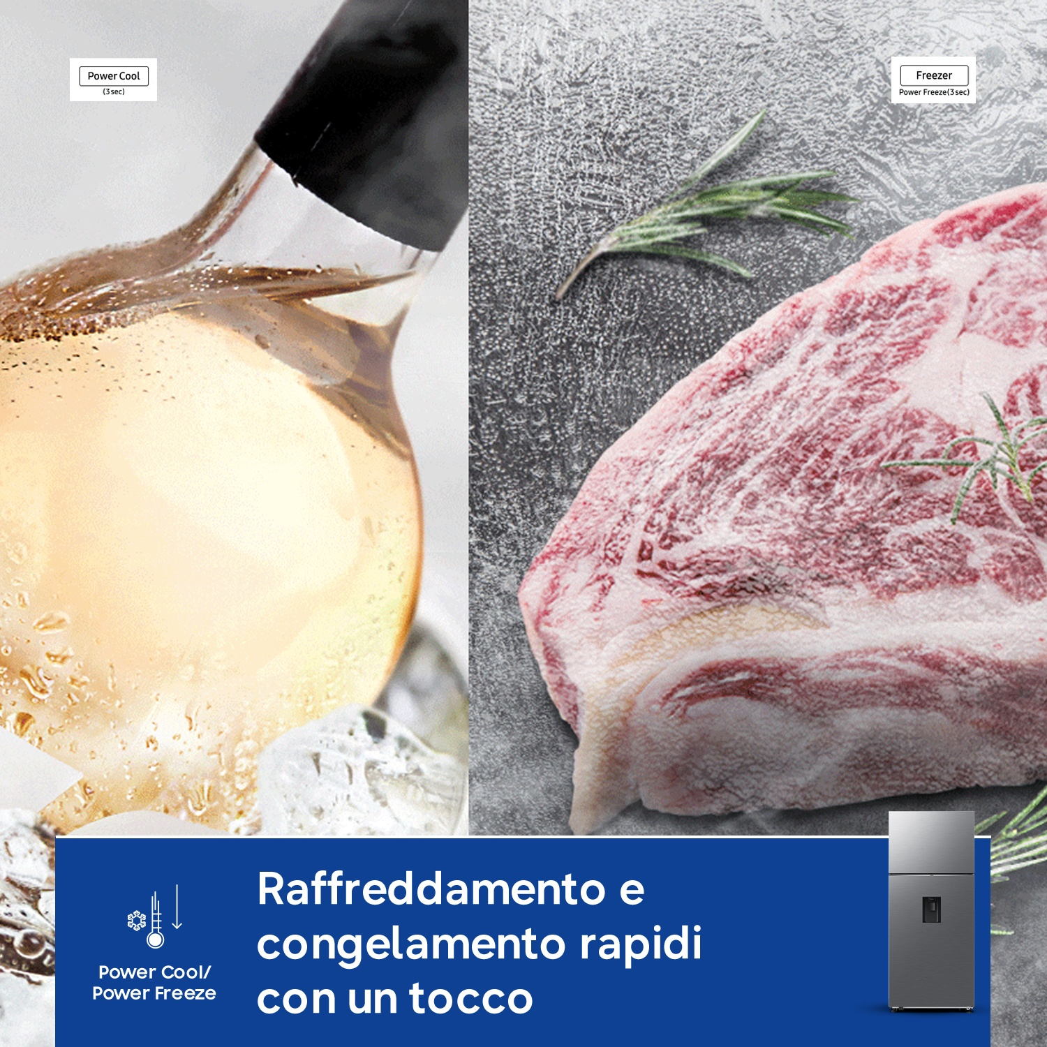 Un bicchiere di bevanda con ghiaccio accanto a carne cruda con rosmarino. Frigorifero sullo sfondo.