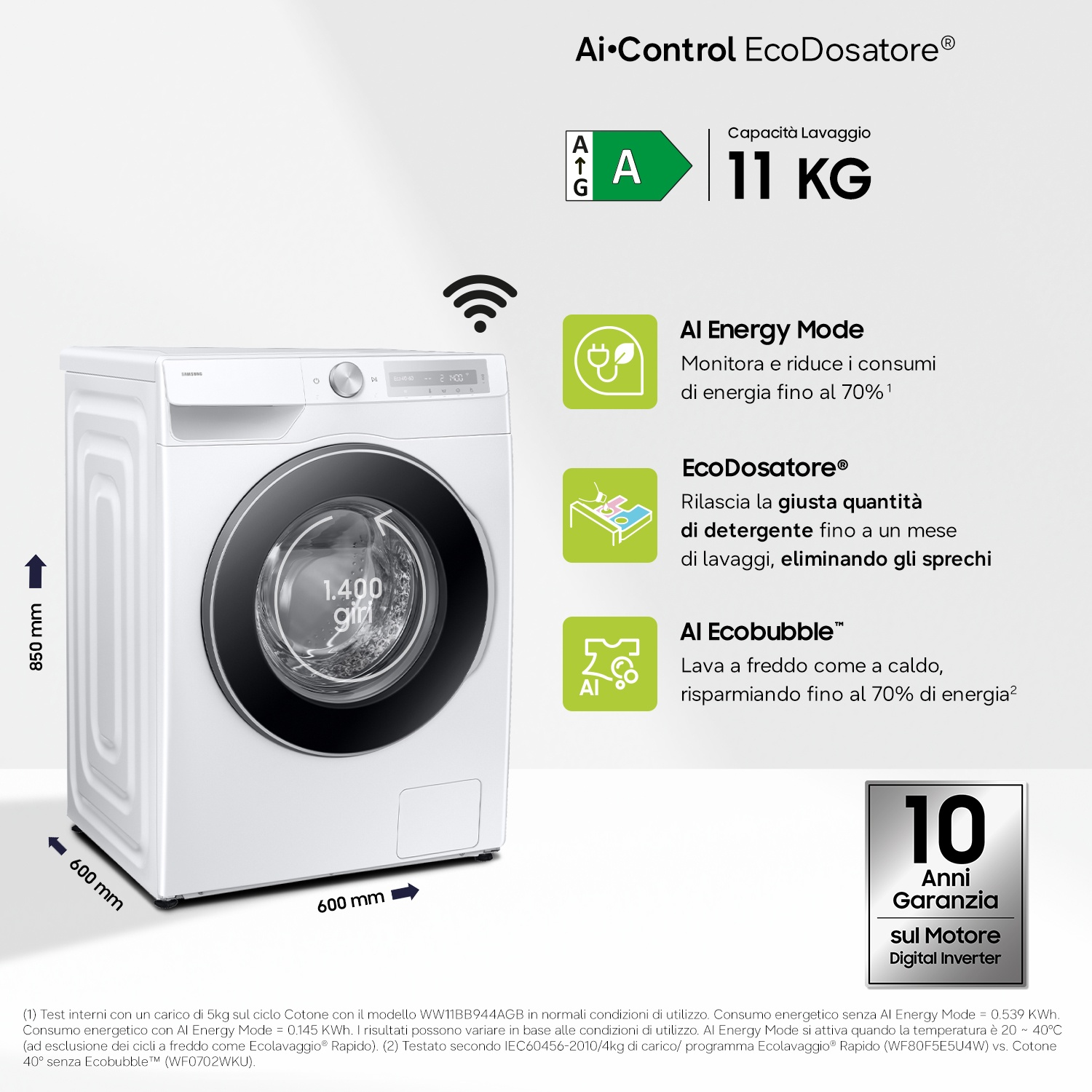 Lavatrice bianca con display digitale, classe energetica A e capacità 11 kg.