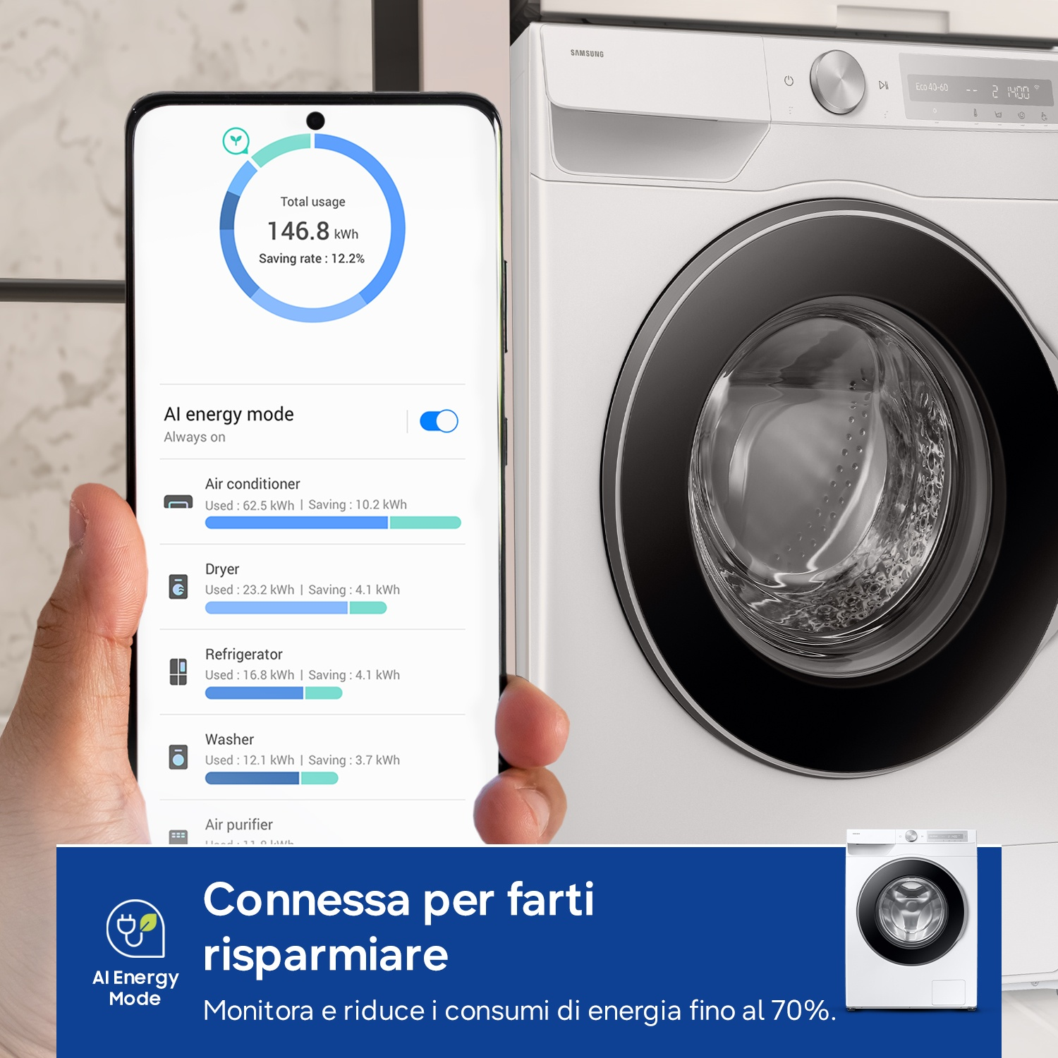 Uno smartphone mostra dati di consumo energetico accanto a una lavatrice bianca.
