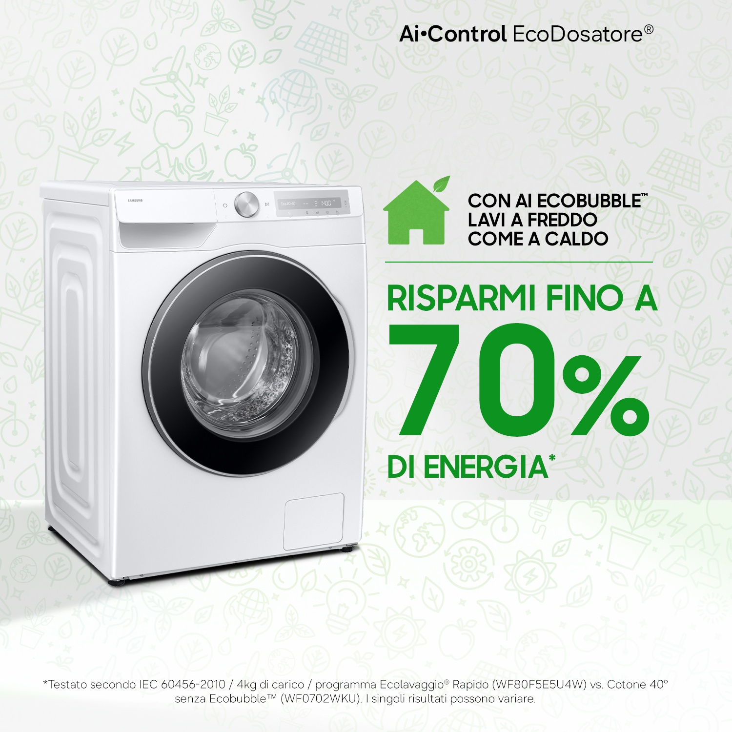 Lavatrice Samsung bianca con logo 'Ai Control EcoDosatore' e info risparmio energetico.