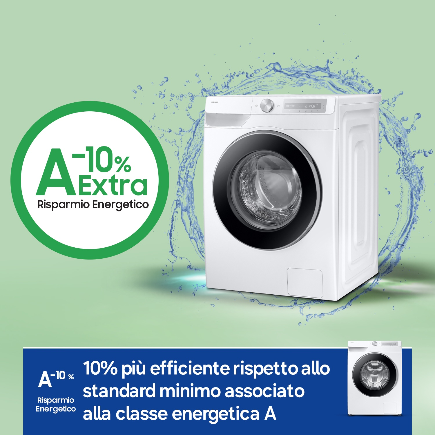 Una lavatrice bianca con un cerchio verde che mostra "A -10% Risparmio Energetico Extra".