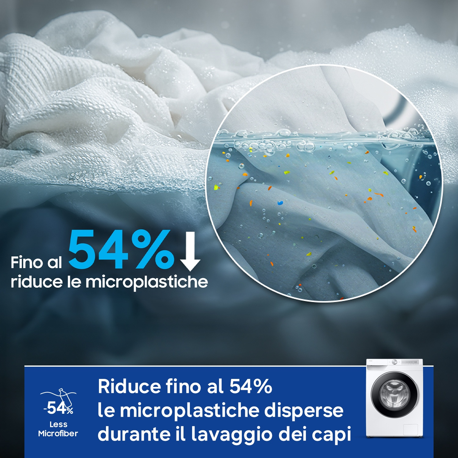 Biancheria bianca in lavatrice con particelle di microplastica colorate nell'acqua.