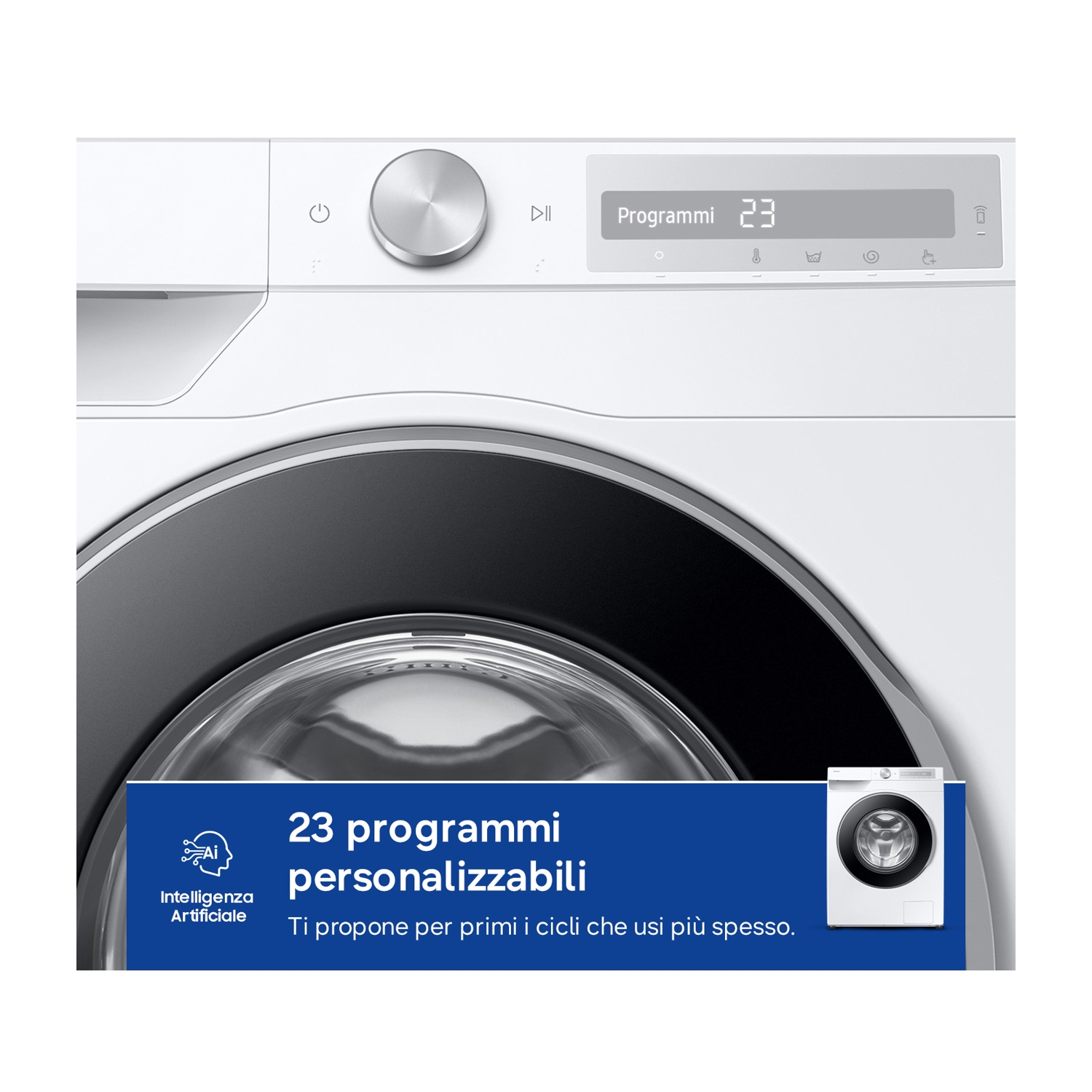 Una lavatrice bianca con display digitale che mostra 23 programmi.