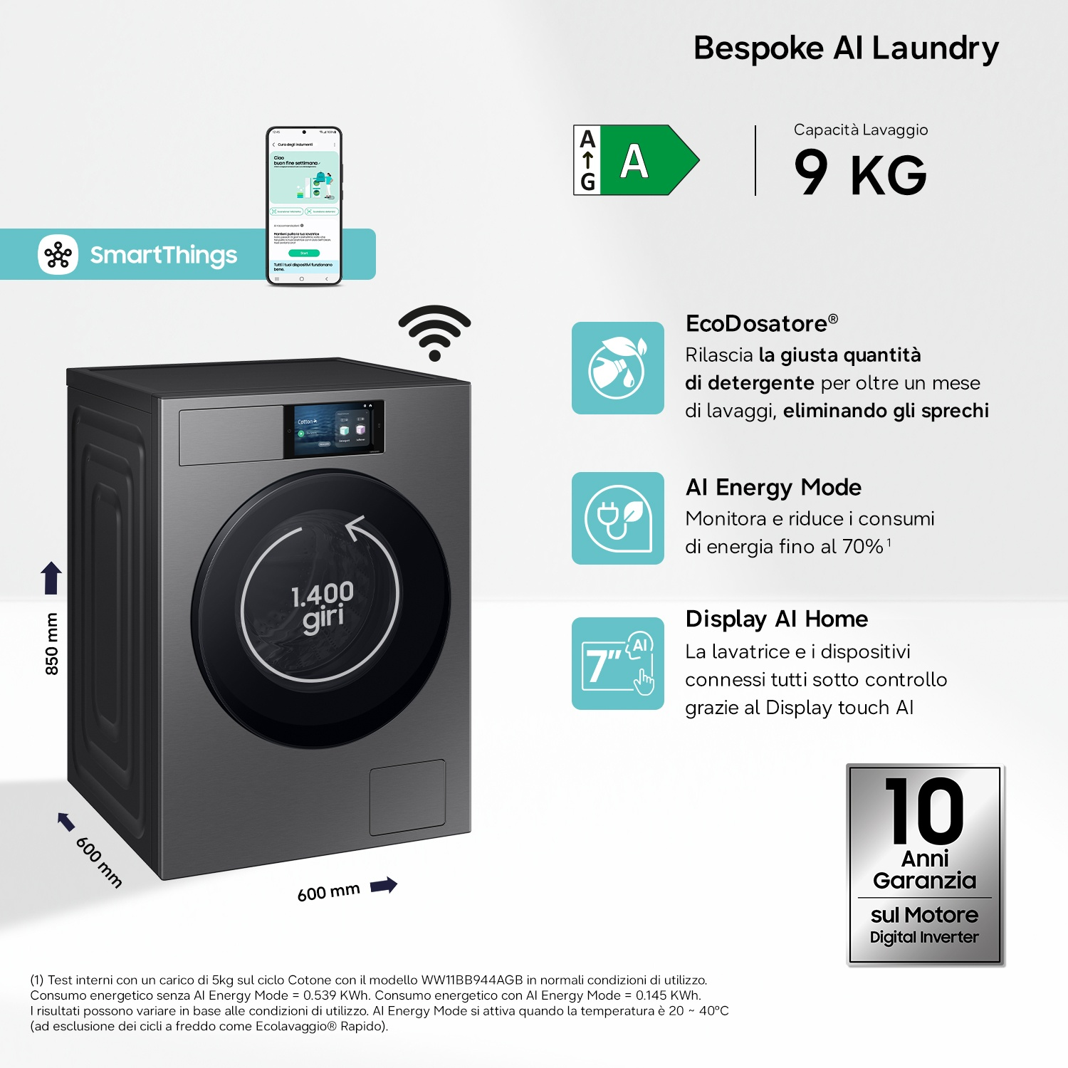 Lavatrice Bespoke AI Laundry, capacità 9kg, Classe A, SmartThings, EcoDosatore, AI Energy Mode.