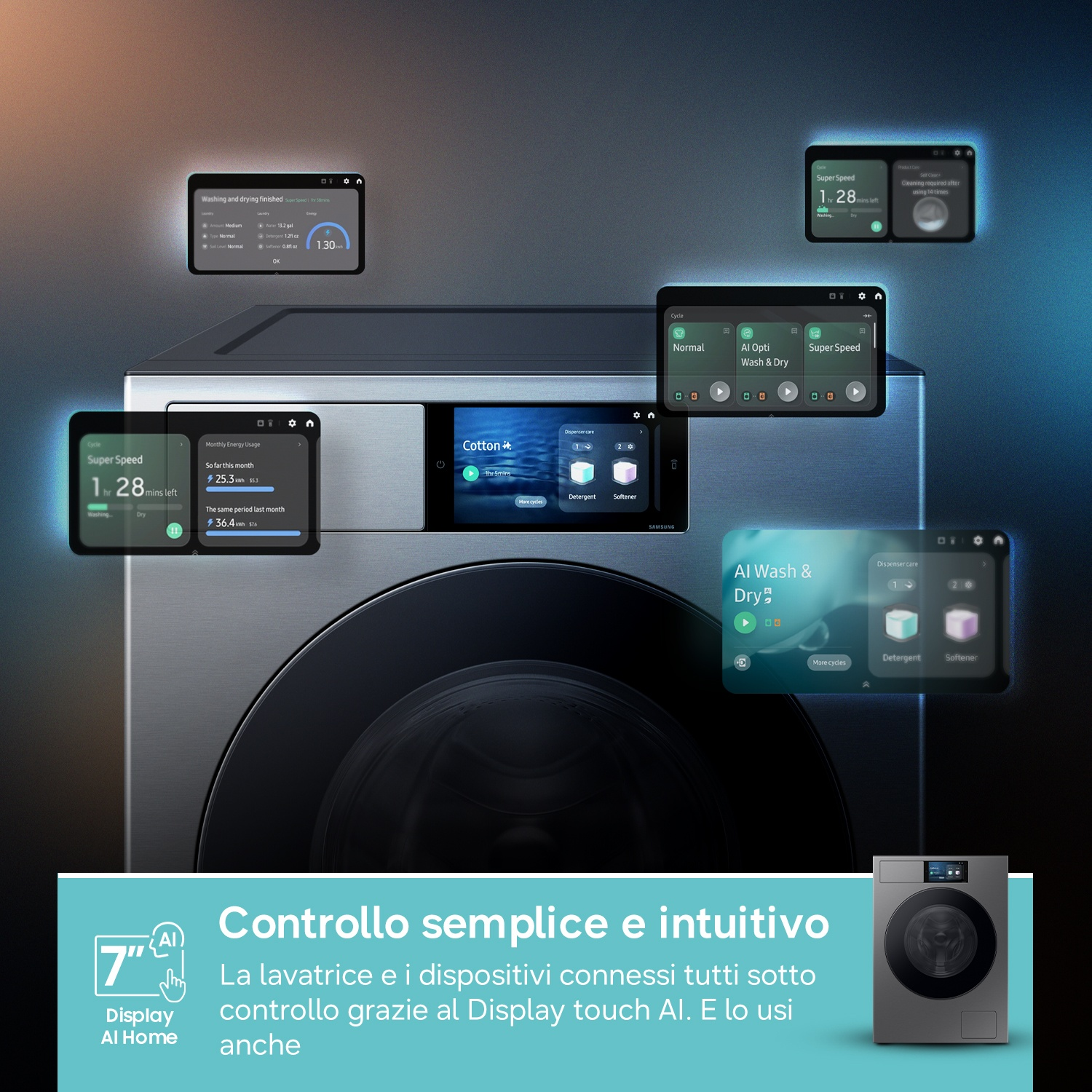 Una lavatrice moderna con più schermi digitali che mostrano vari programmi.