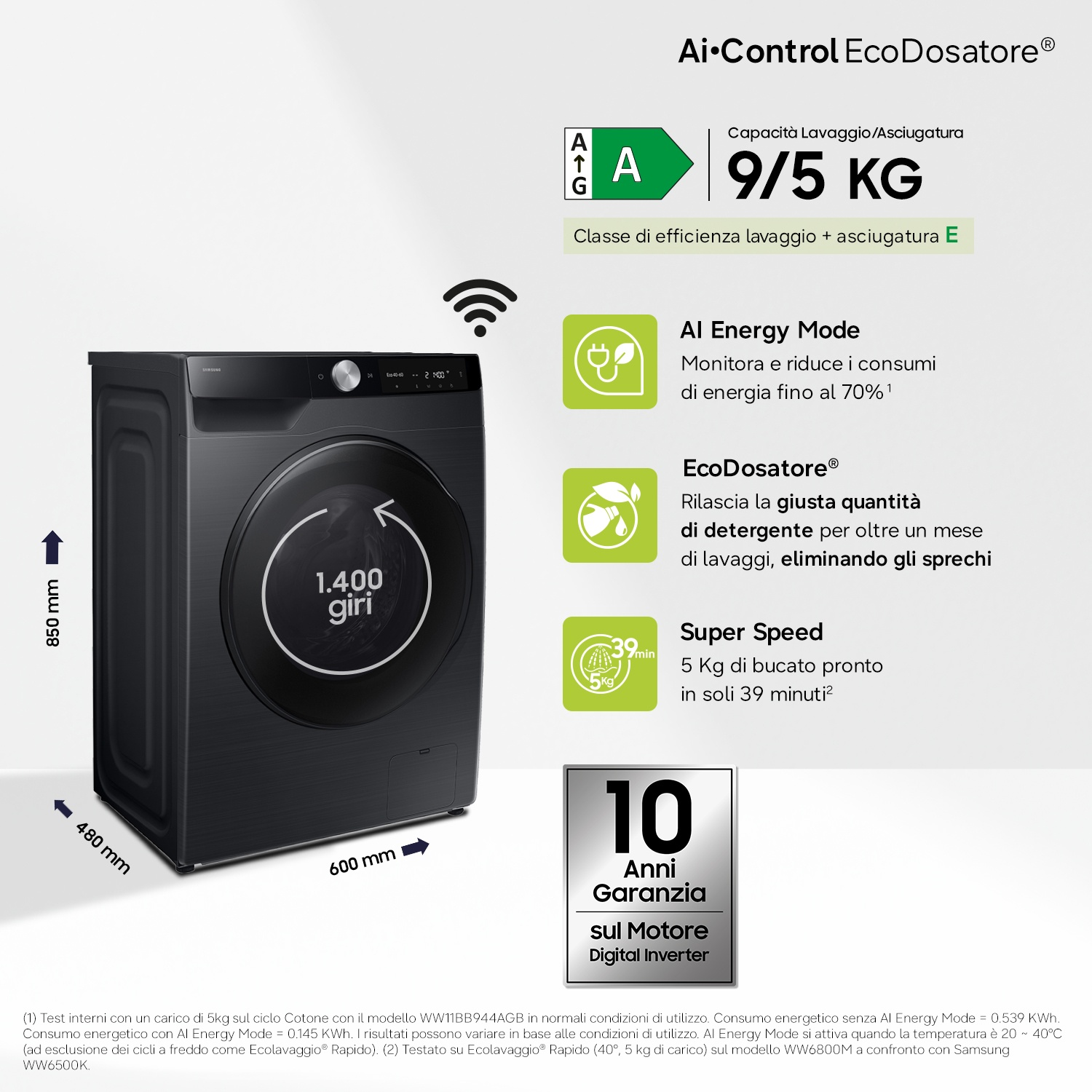 Lavatrice nera con comandi digitali, classe A, capacità 9/5 kg.