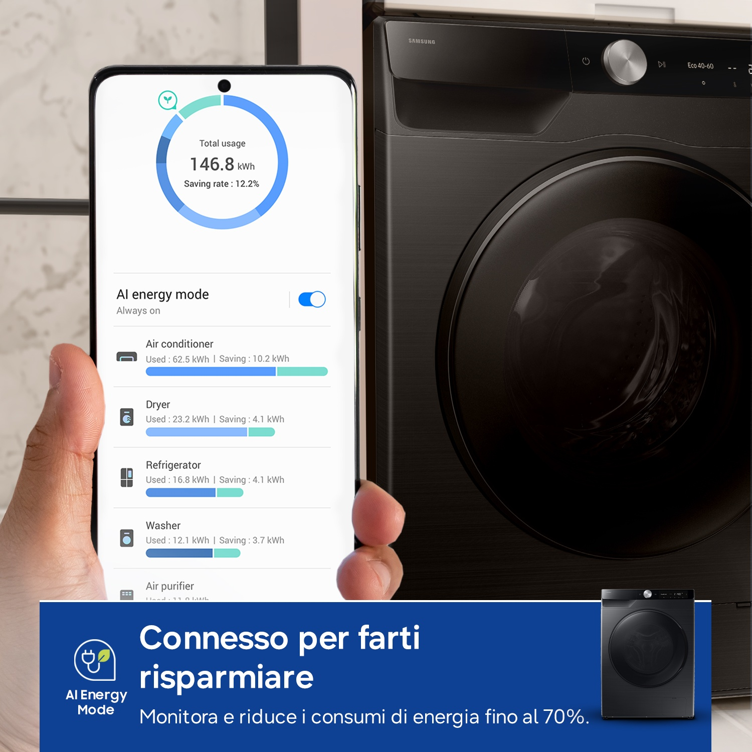 Uno smartphone mostra dati di consumo energetico accanto a una lavatrice nera.