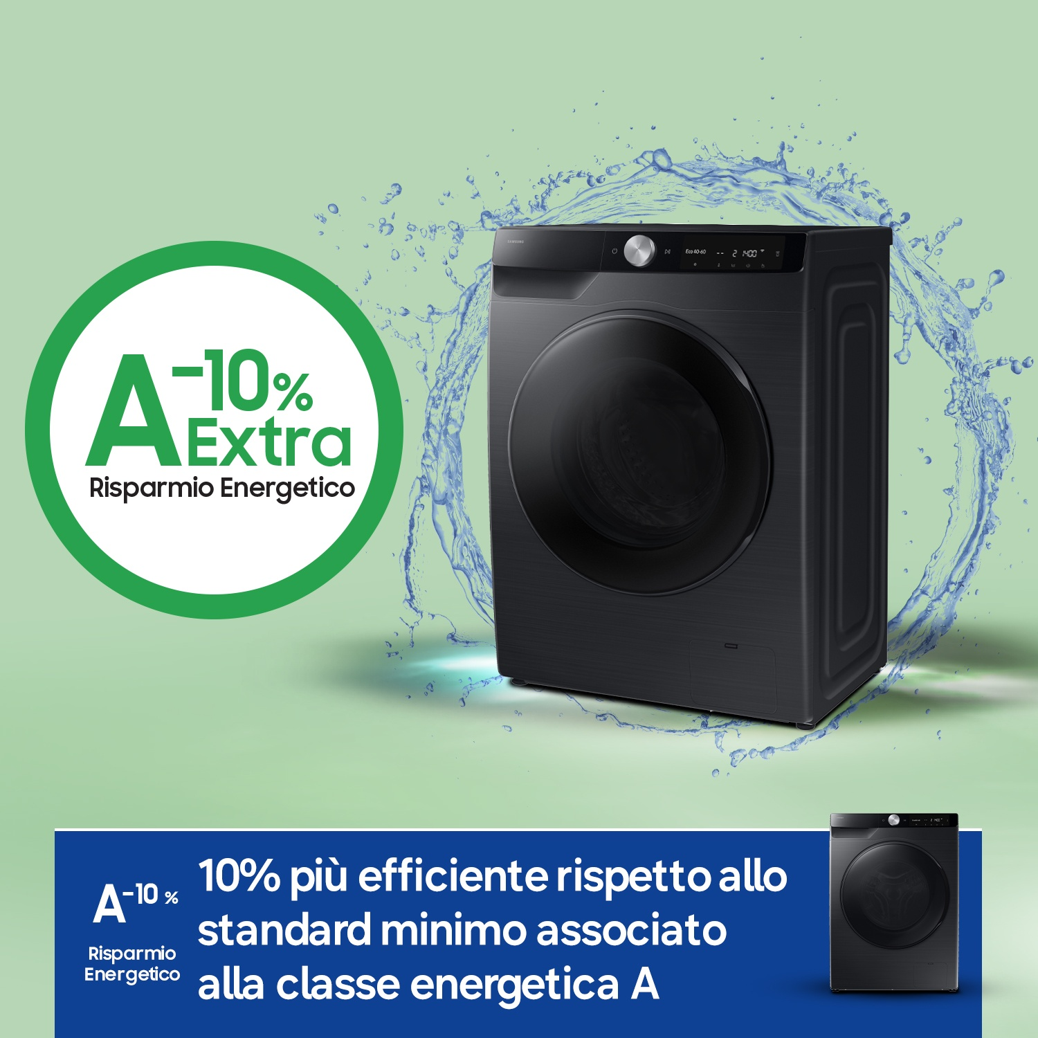 Lavatrice nera con etichetta A-10% e schizzi d'acqua.