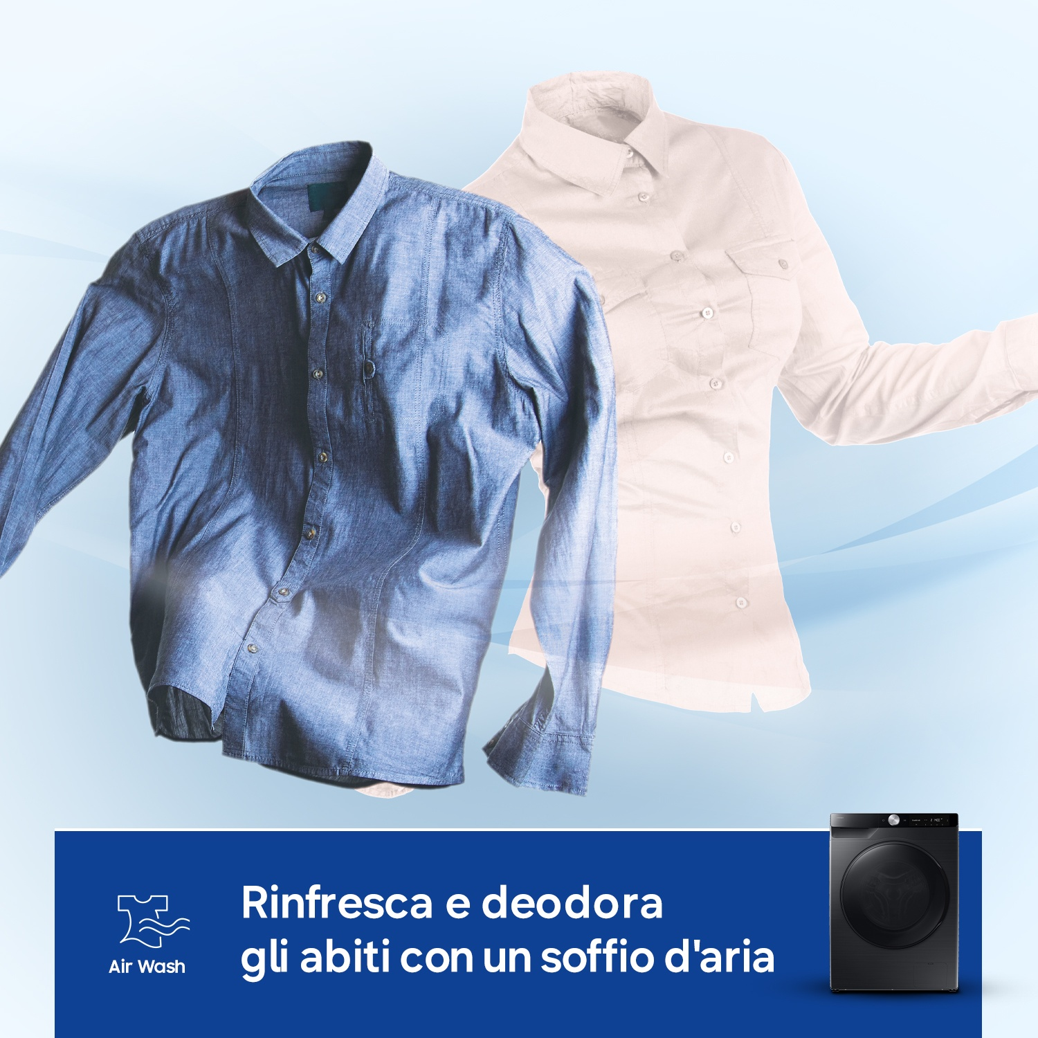 Una camicia blu e una bianca fluttuano su sfondo blu con asciugatrice.