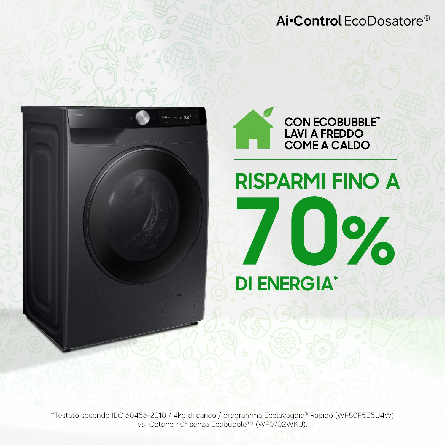 Lavatrice nera con tecnologia EcoBubble, risparmia il 70% di energia.