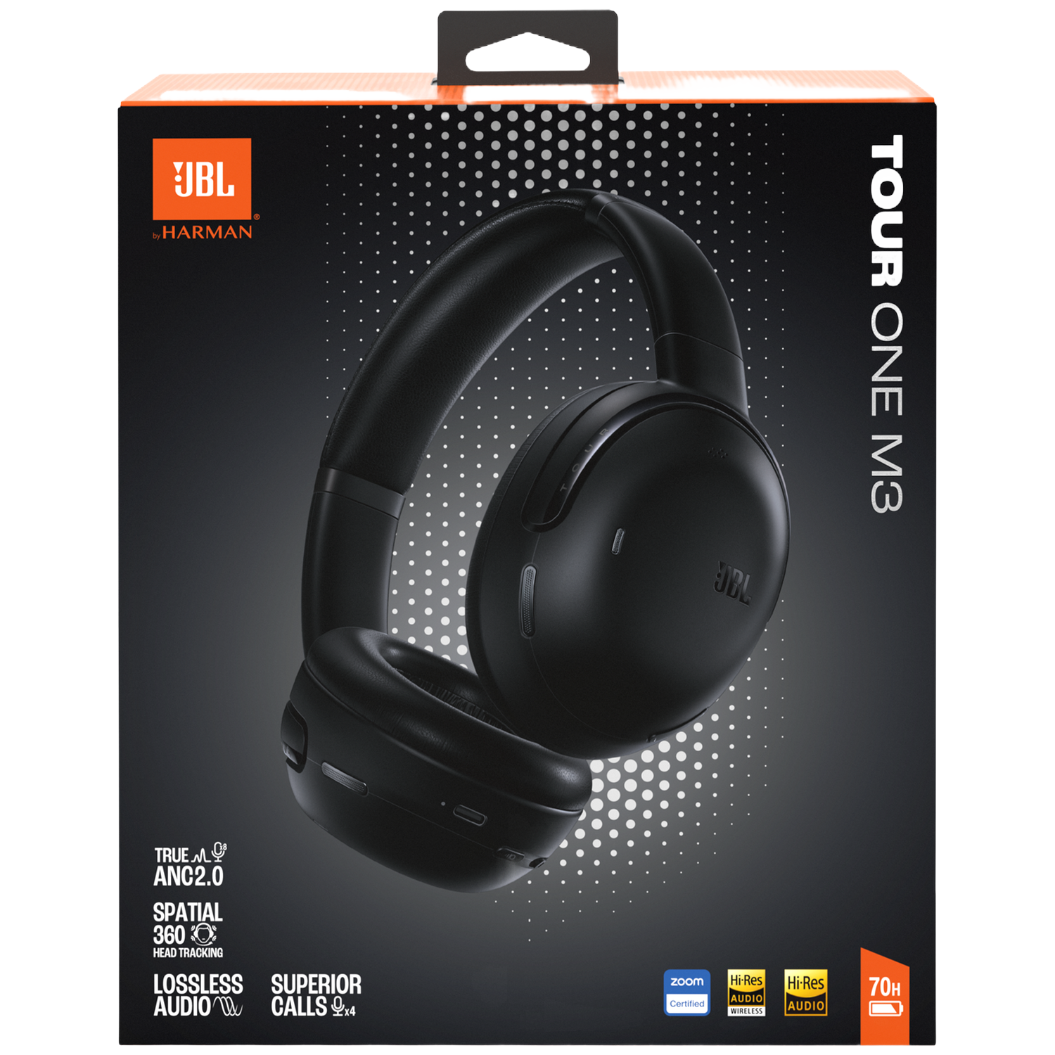 Black JBL Tour One M3 headphones on a black box with white dots.