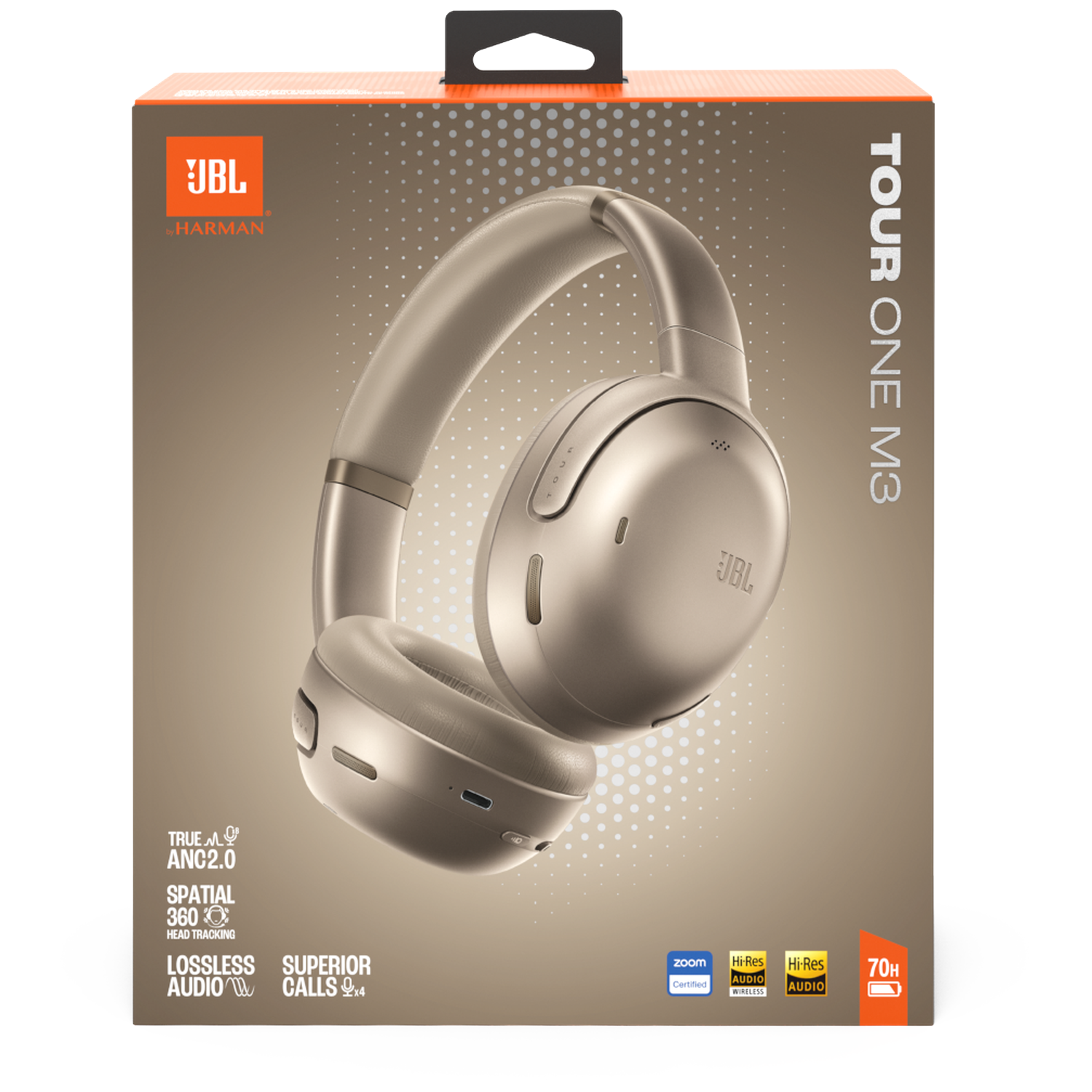 Gold JBL Tour One M3 headphones on box with logos and features.