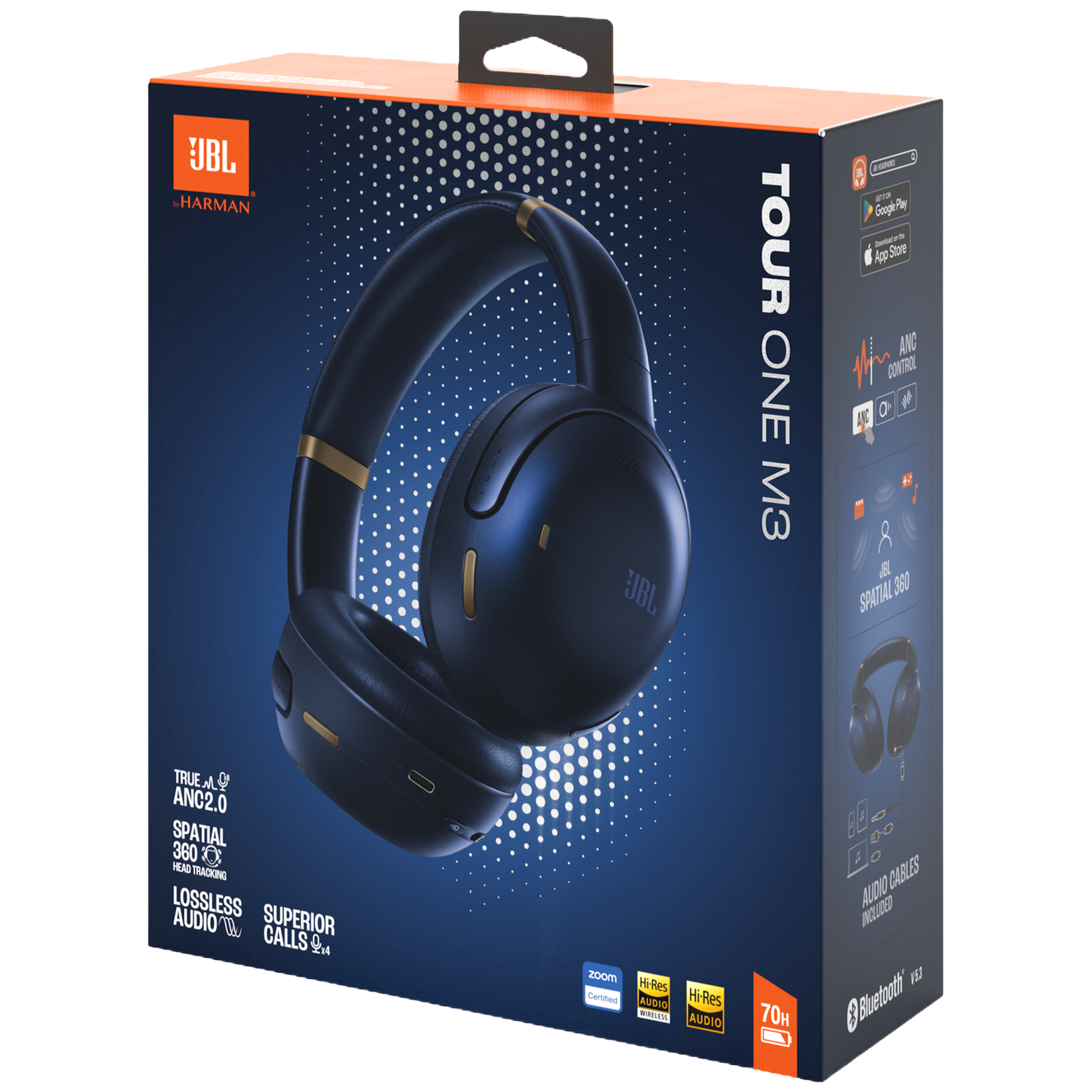 JBL Tour One M3 headphones with ANC on dark packaging with white dots.