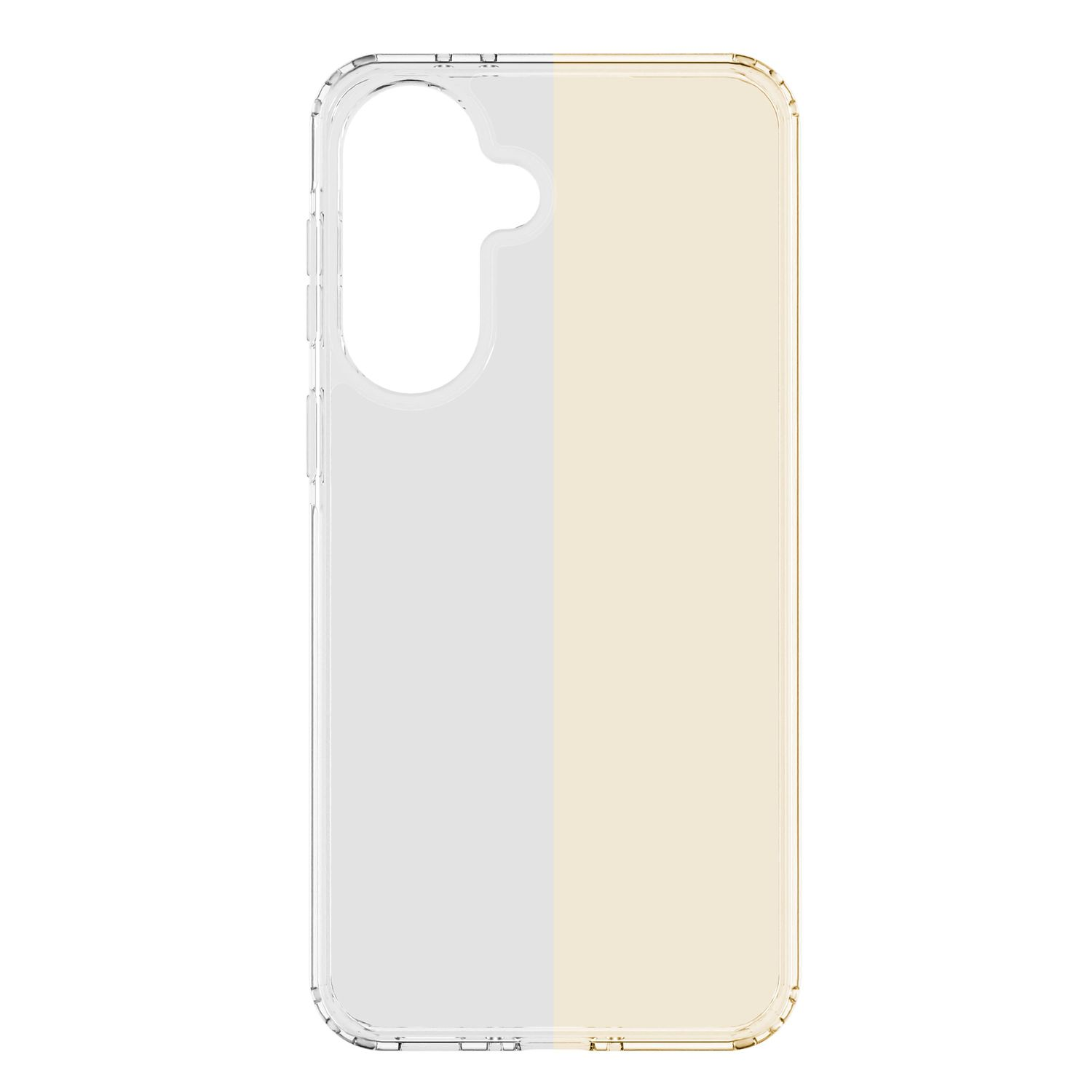 Transparente Handyhülle mit zweifarbigem Design, grau und beige.