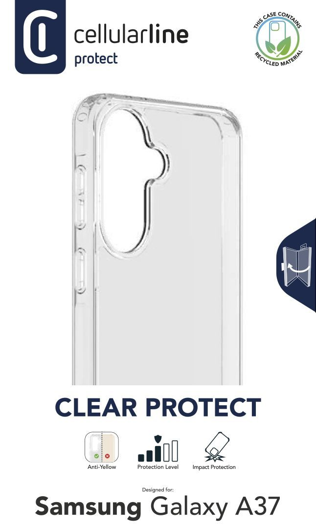 Klare Schutzhülle für Samsung Galaxy A37 mit "Recycled Material"-Siegel.