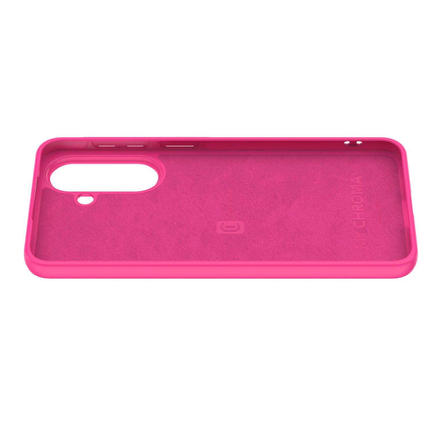 Ein leuchtend pinkes Handycover mit Aussparungen für Kamera und Tasten.
