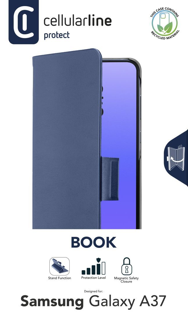 Blaue Handyhülle für Samsung Galaxy A37 mit Logo und Merkmalen.