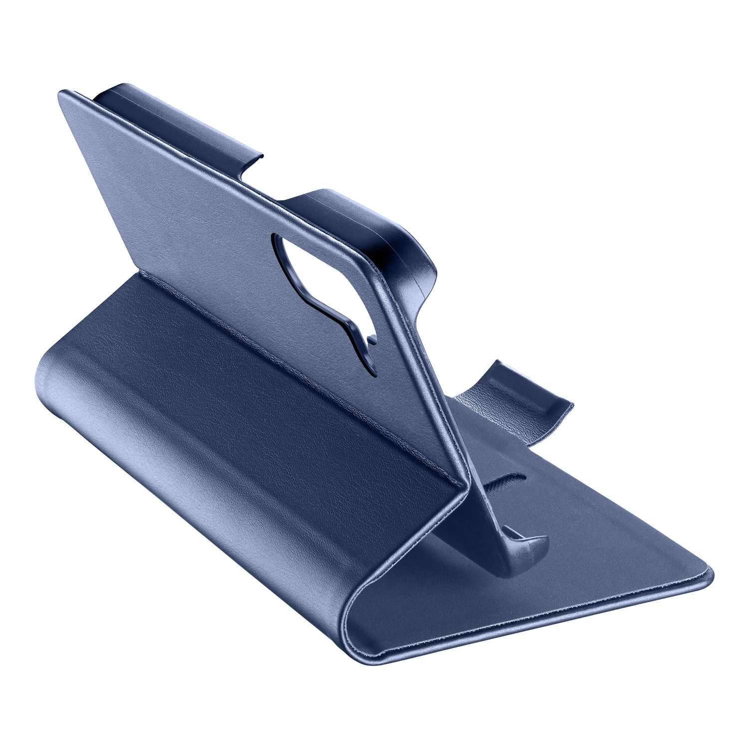 Dunkelblaue Handyhülle in aufgestellter Position auf weißem Hintergrund.