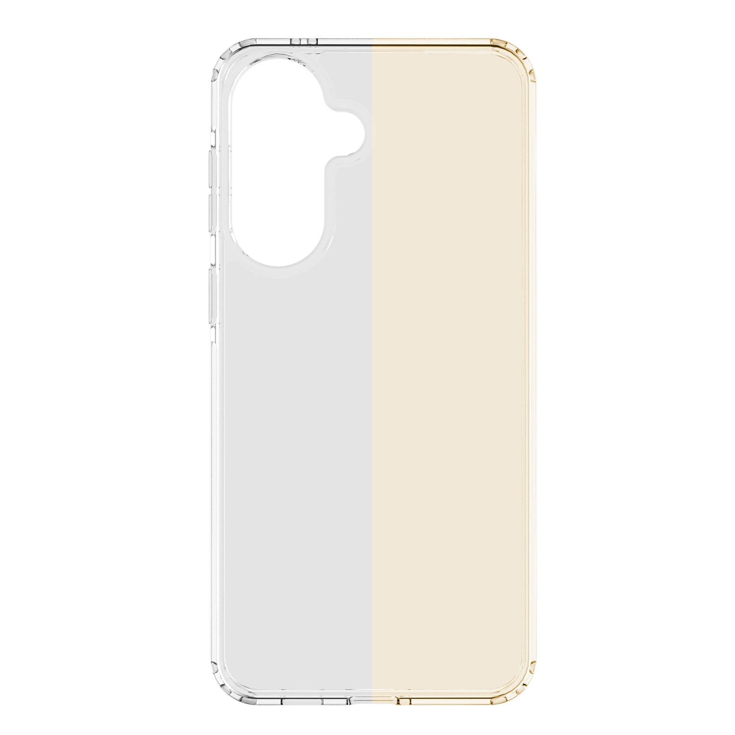 Durchsichtige Handyhülle mit zweifarbigem Design, weiß und hellgelb.