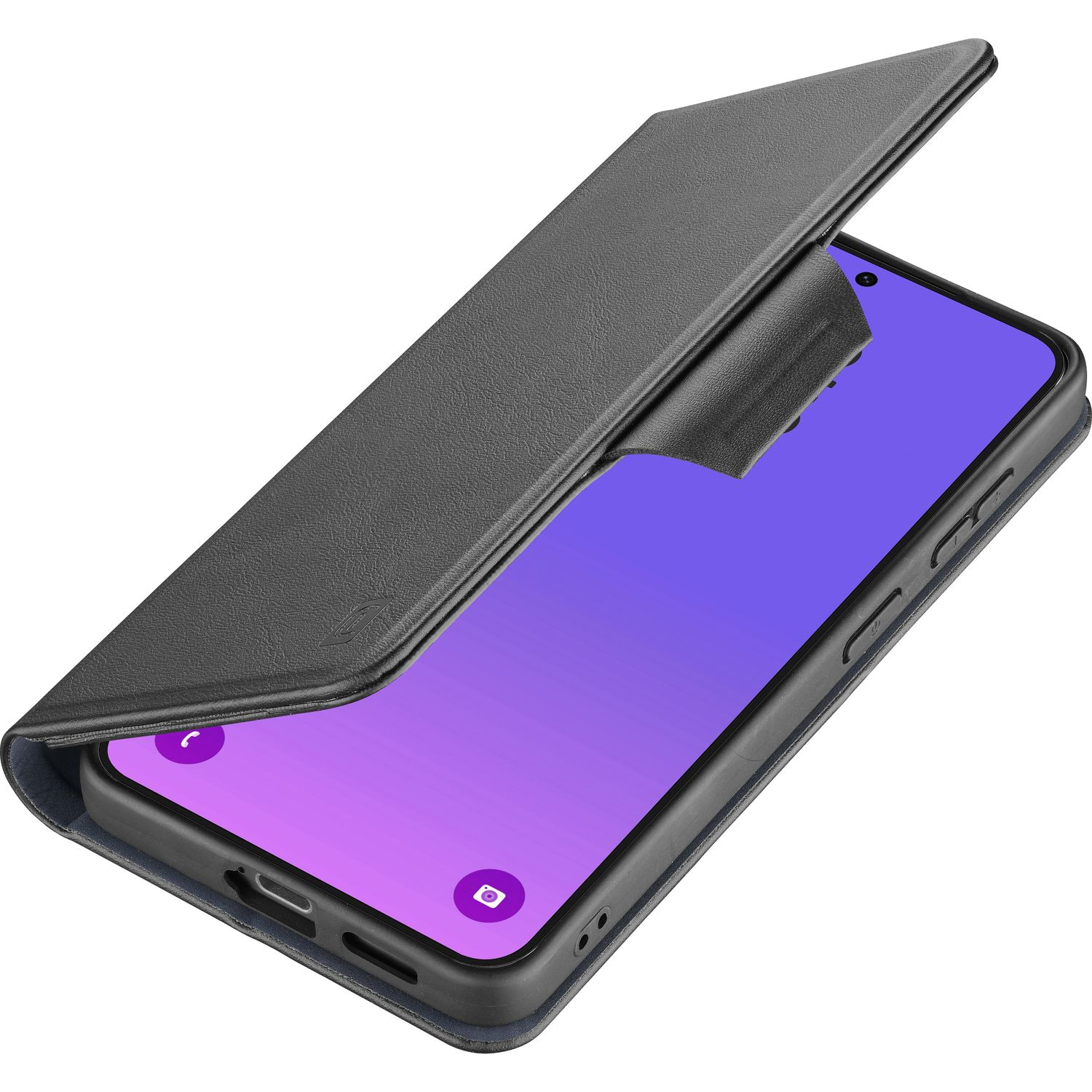 Schwarzes Handy mit aufgeklapptem Lederetui und violem Bildschirm.