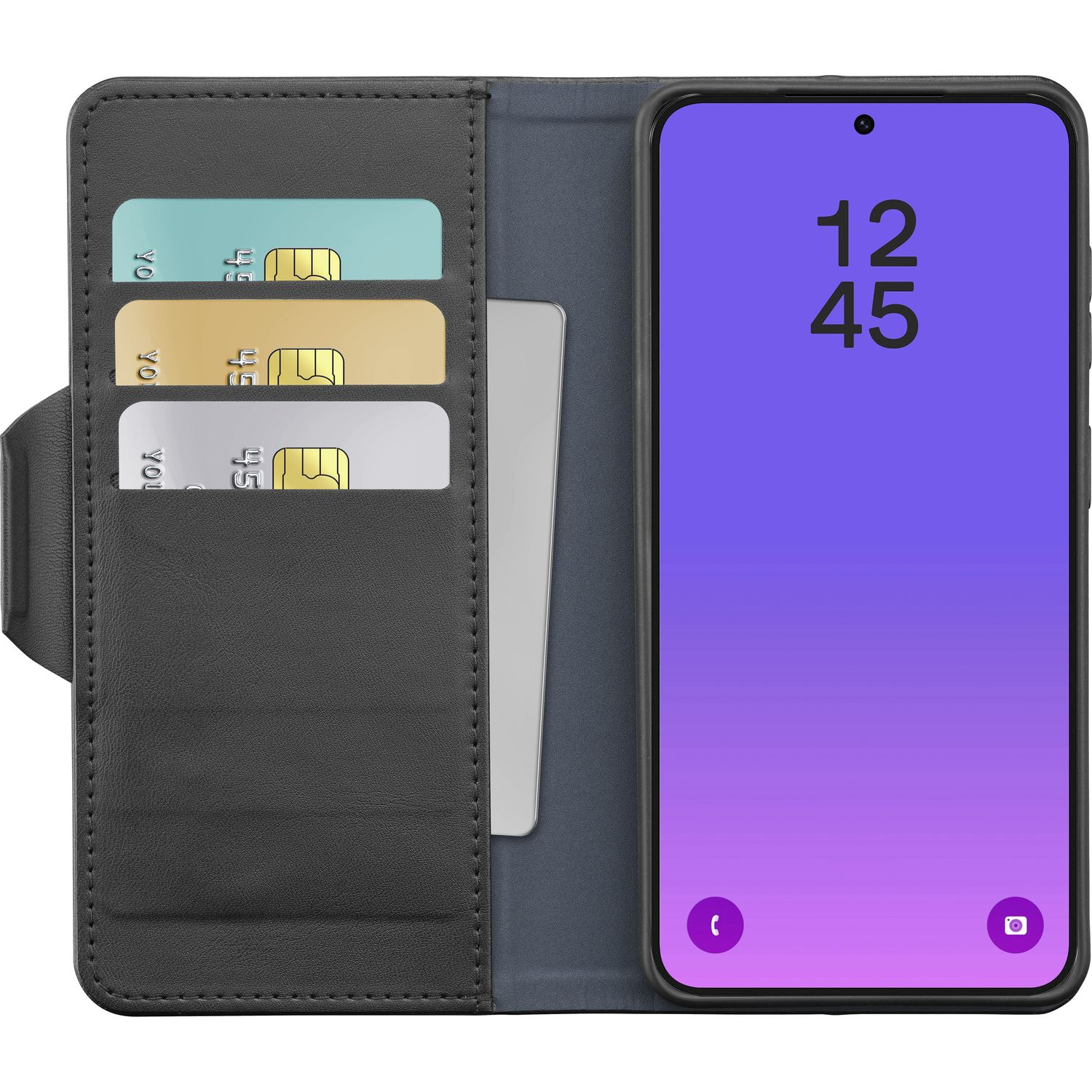 Schwarze Brieftaschenhülle geöffnet mit Handy mit lila Bildschirm und 3 Karten in Schlitzen.