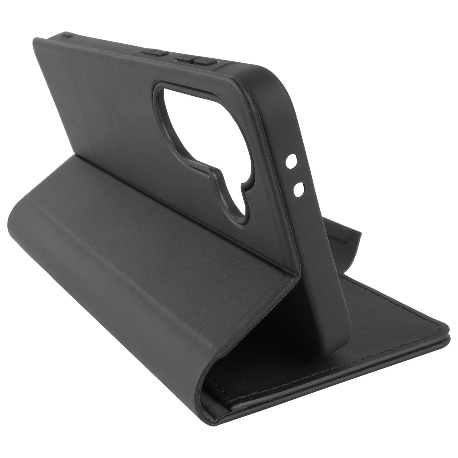 Schwarze Handyhülle aus Leder mit aufklappbarem Ständer und Aussparungen.