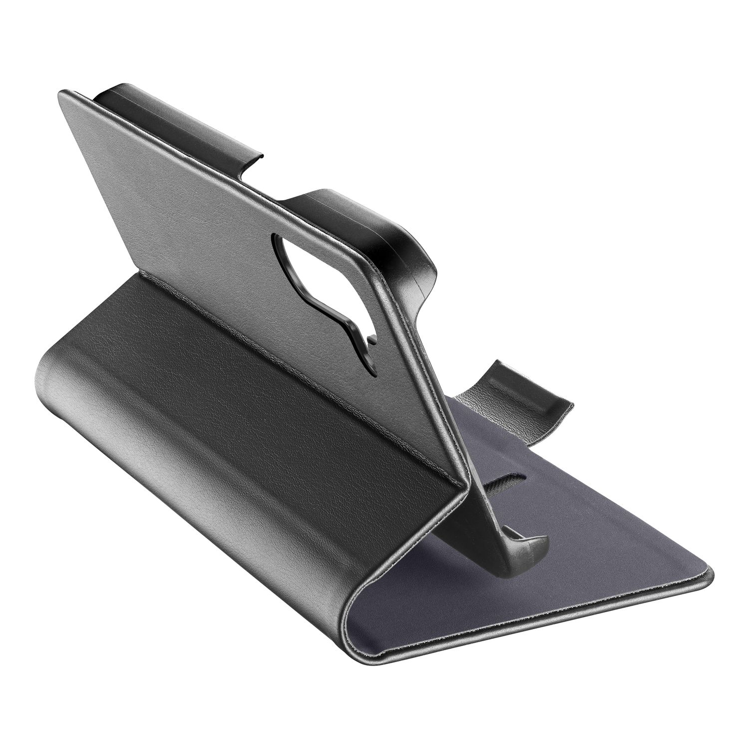 Ein schwarzes Flipcase für ein Tablet, das als Ständer dient.
