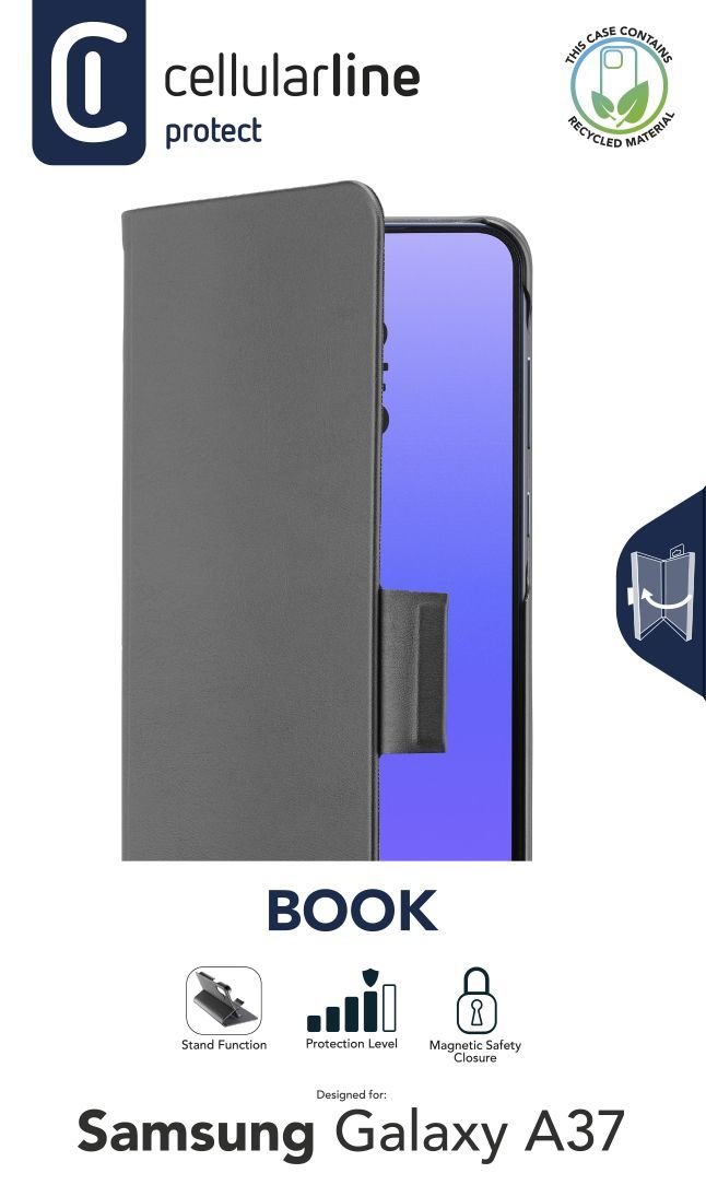 Cellularline Buchhülle für Samsung Galaxy A37, dunkelgrau, mit Logo für recyceltes Material.