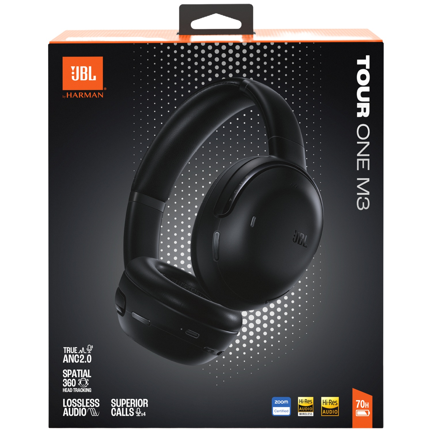 Black JBL Tour One M3 headphones on a box. Features ANC 2.0, Spatial 360, Lossless Audio.
