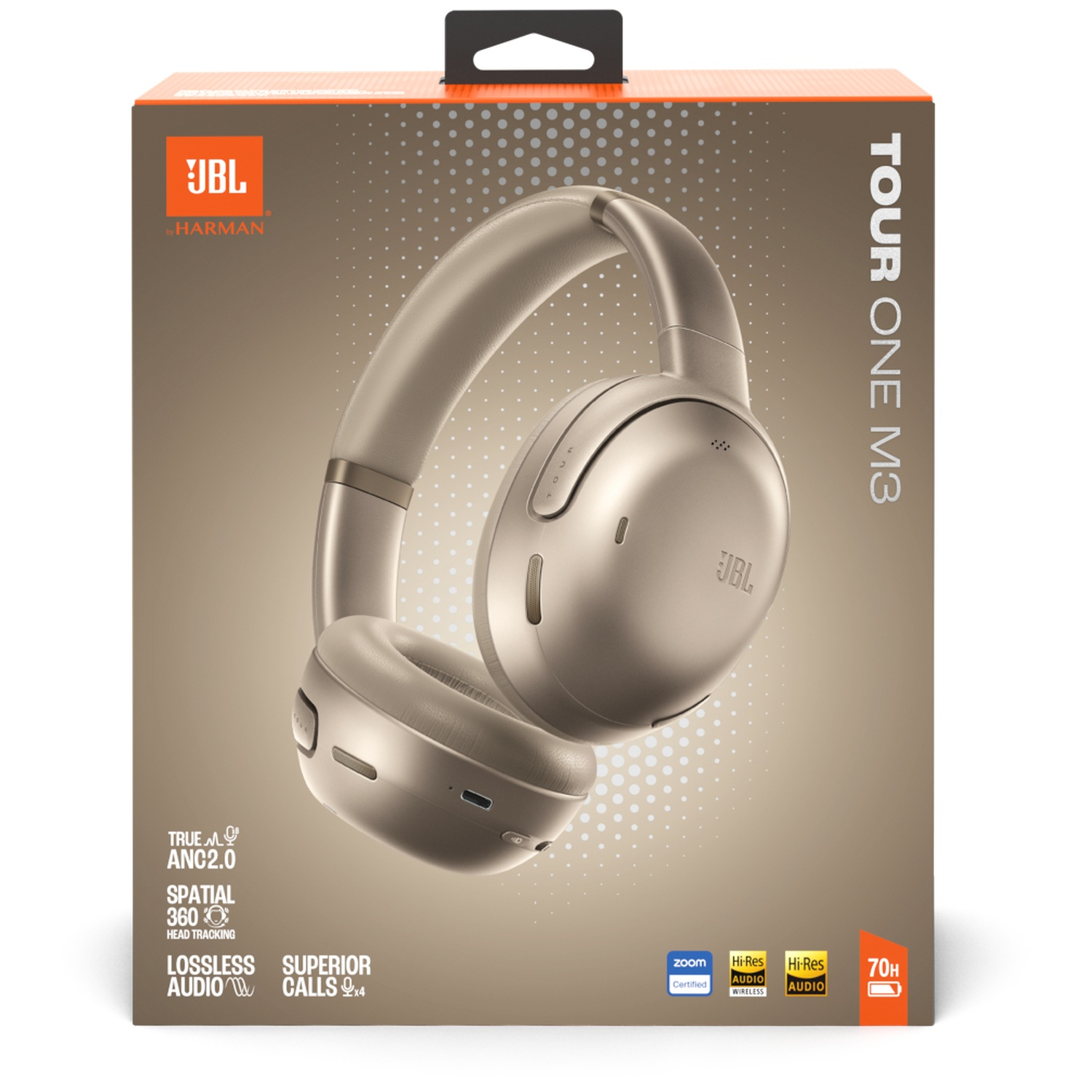 Casque JBL Tour One M3 sur boîte avec logo et fonctionnalités.