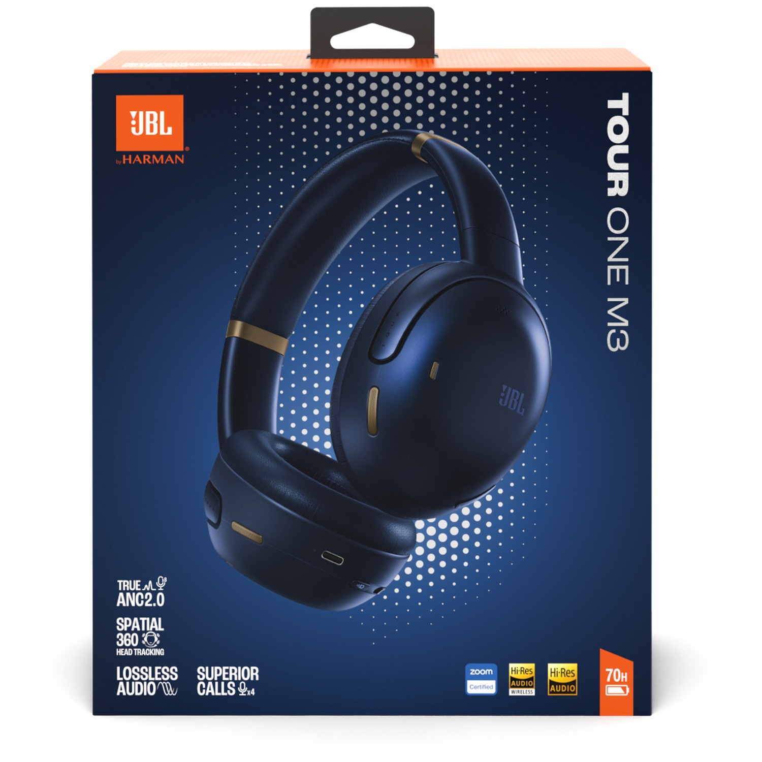 Emballage du casque JBL Tour One M3 avec casque bleu foncé et doré.