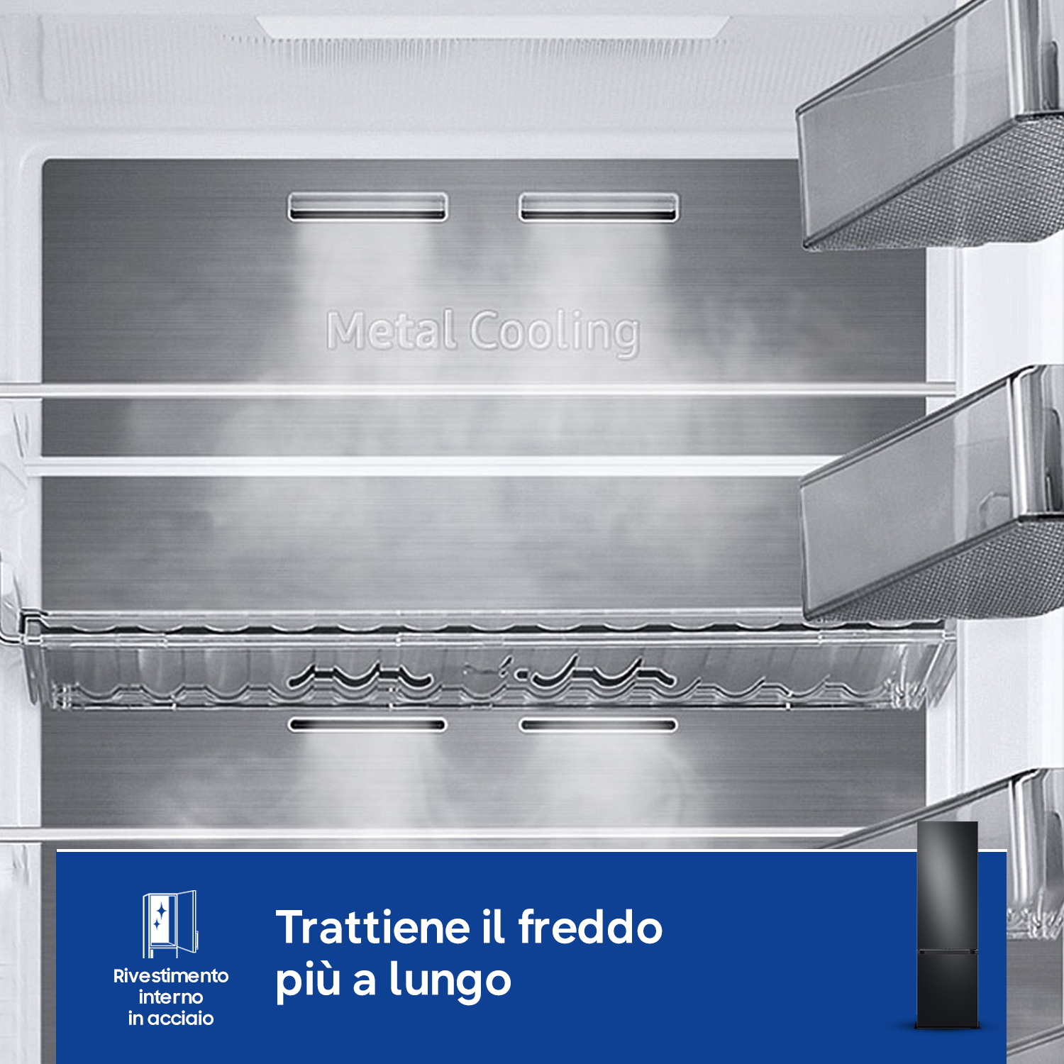 Interno frigorifero con metallo e rivestimento in acciaio.