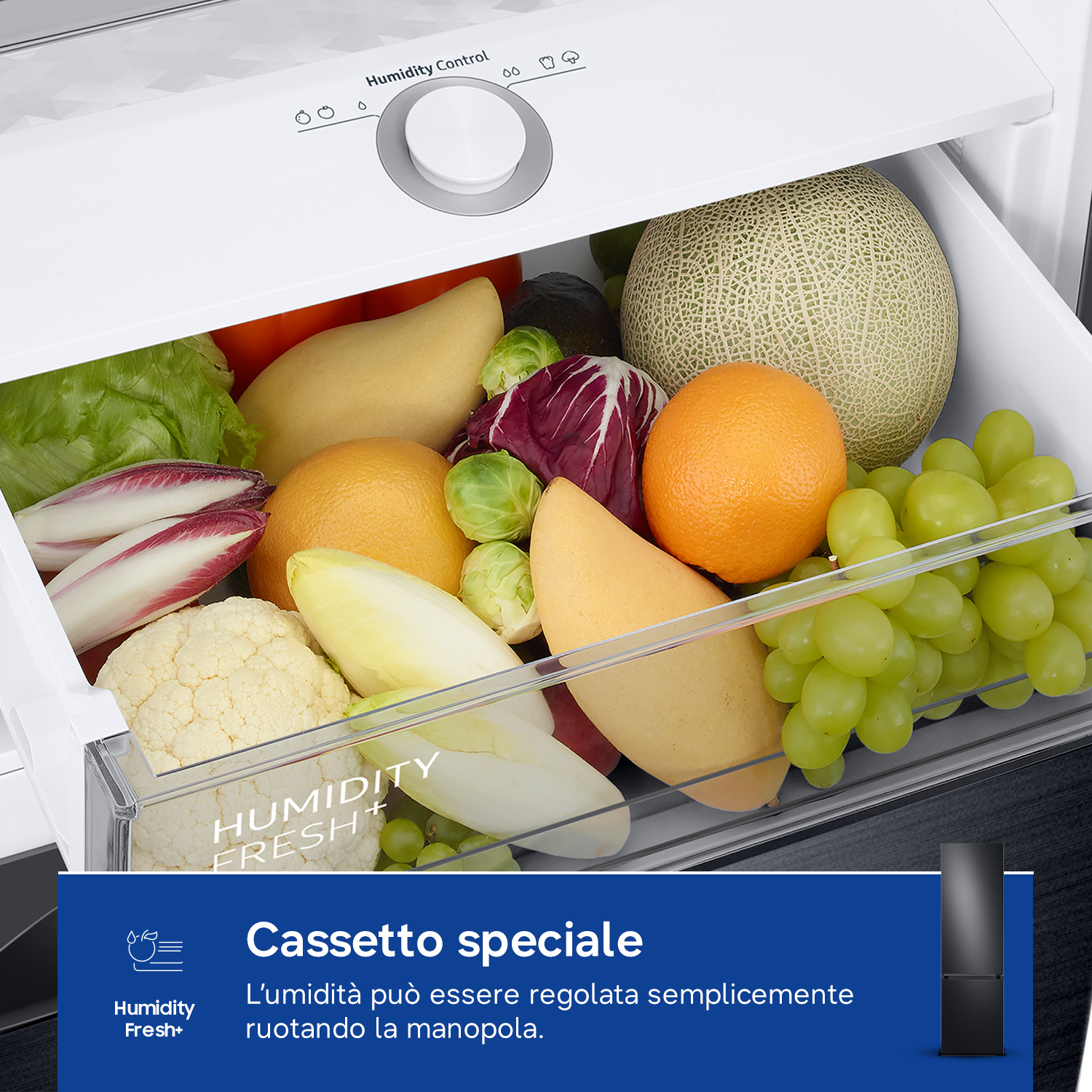 Un cassetto del frigorifero pieno di frutta e verdura con controllo dell'umidità.